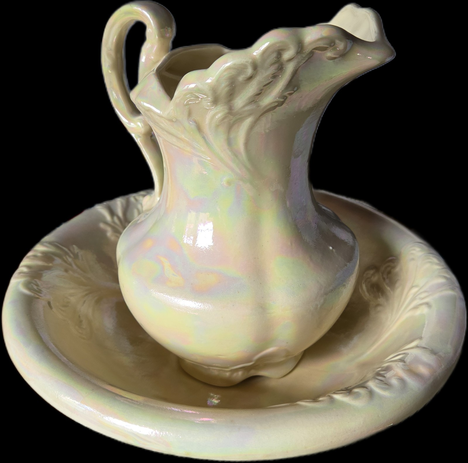 Antique Irridescent Wash Basin & Pitcher Set Signed