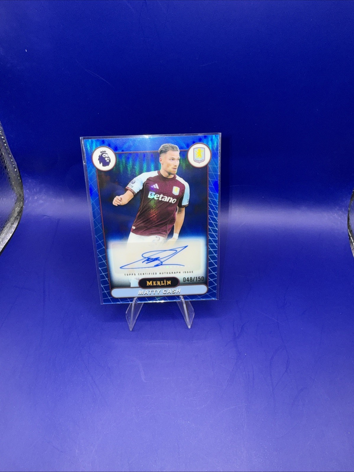 2026 Topps Merlin Premier League  Blue Refractor Autograph Matty Cash/150 #MV-MC