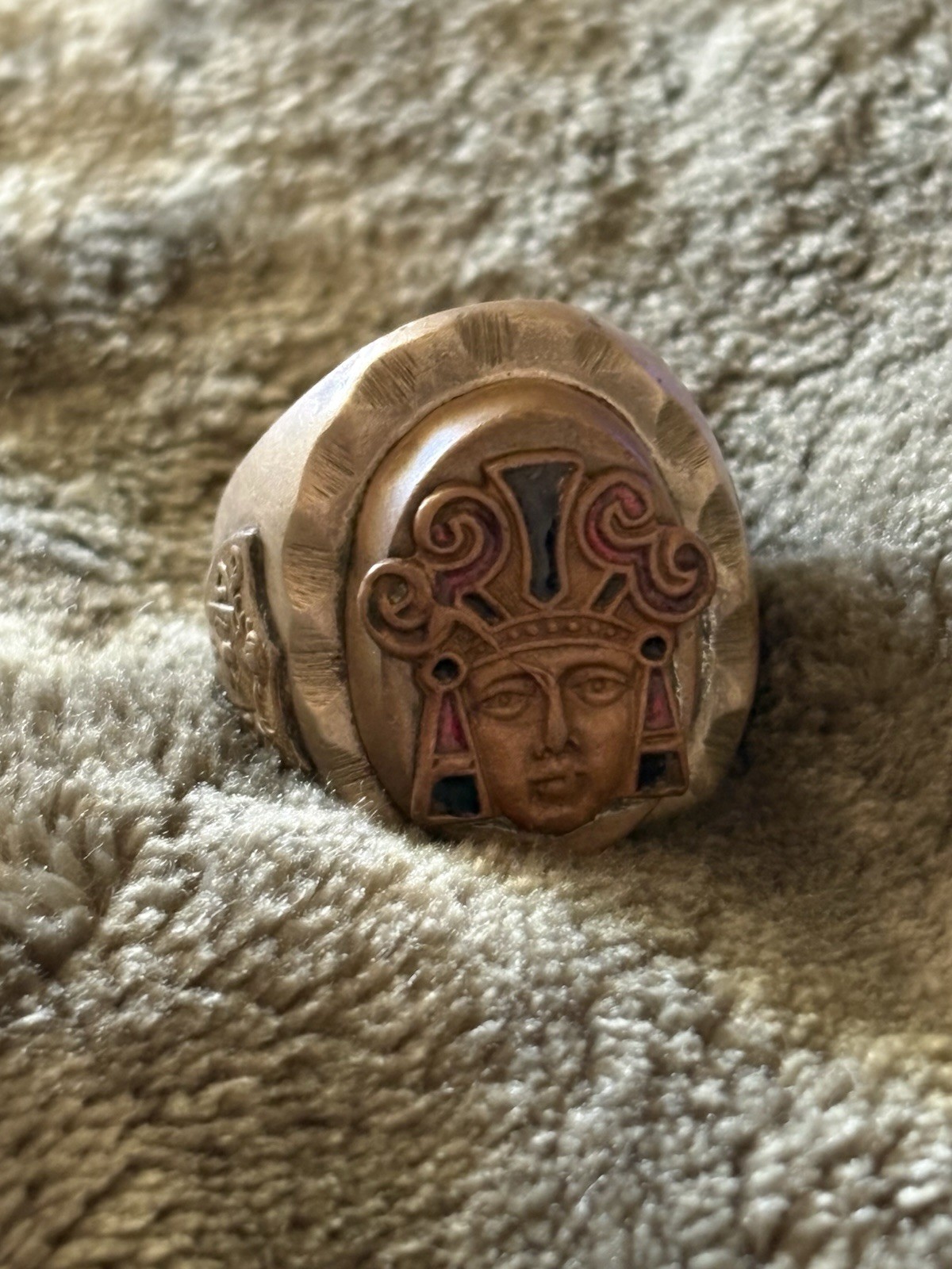 Vintage Mexican Silver Aztec Mayan Deity Face Enamel Shield Ring Size 11-12