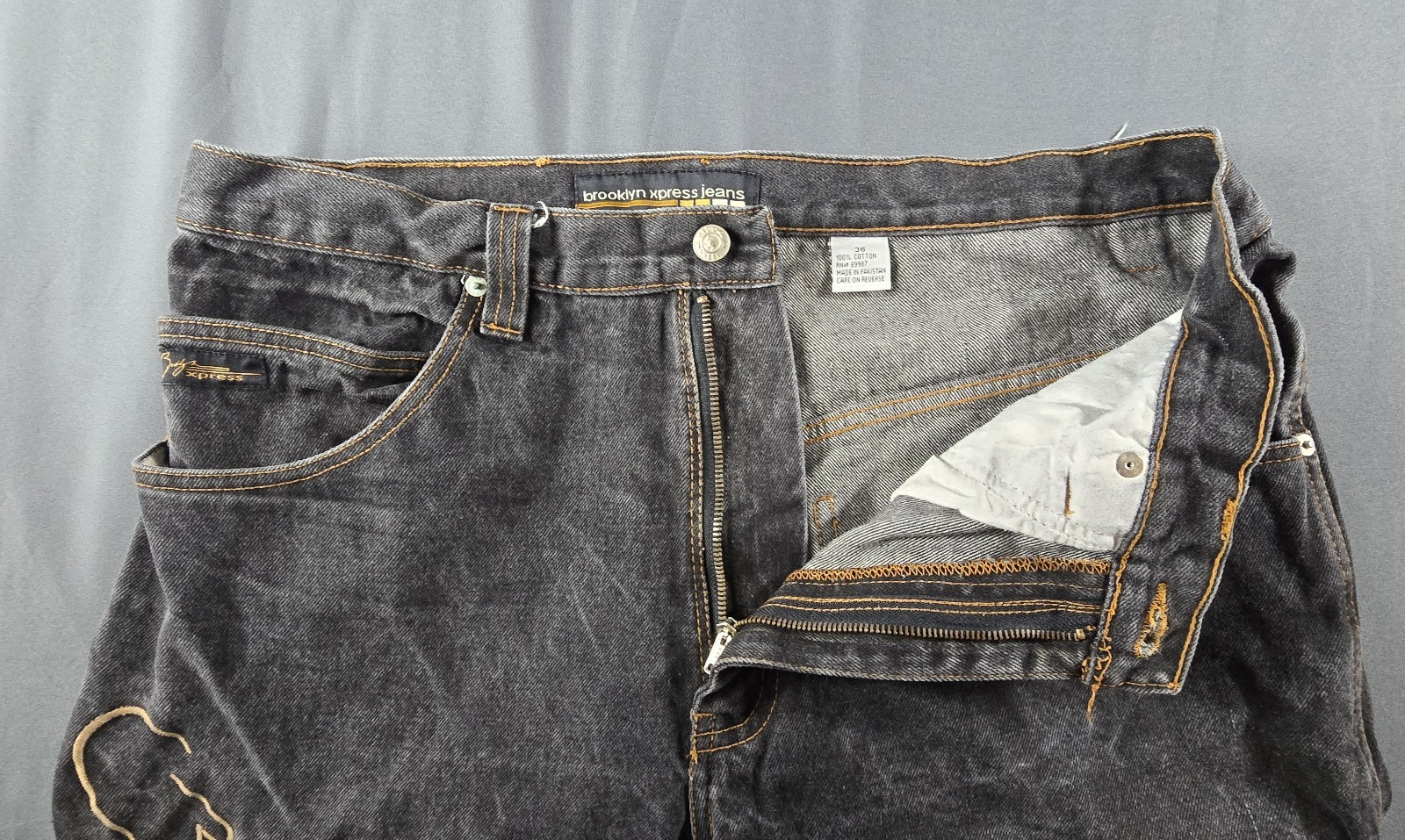 VTG Brooklyn Express Shorts Men 36 Fade Black Dark Wash Baggy Wide Leg Jorts Y2K