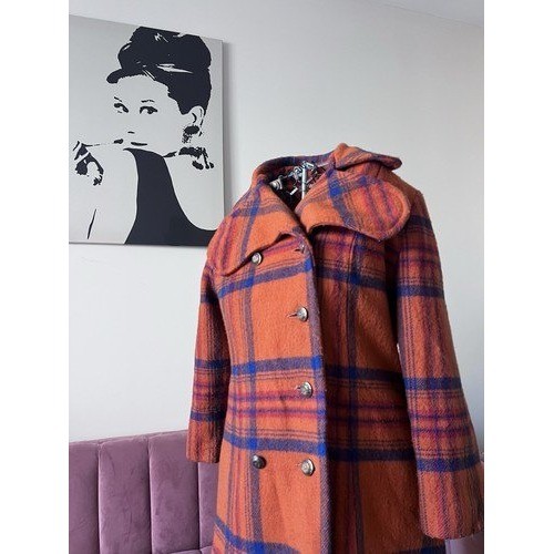 Vintage 60s 70s Orange Blue Plaid Wool Double Breasted Trench Coat Mod