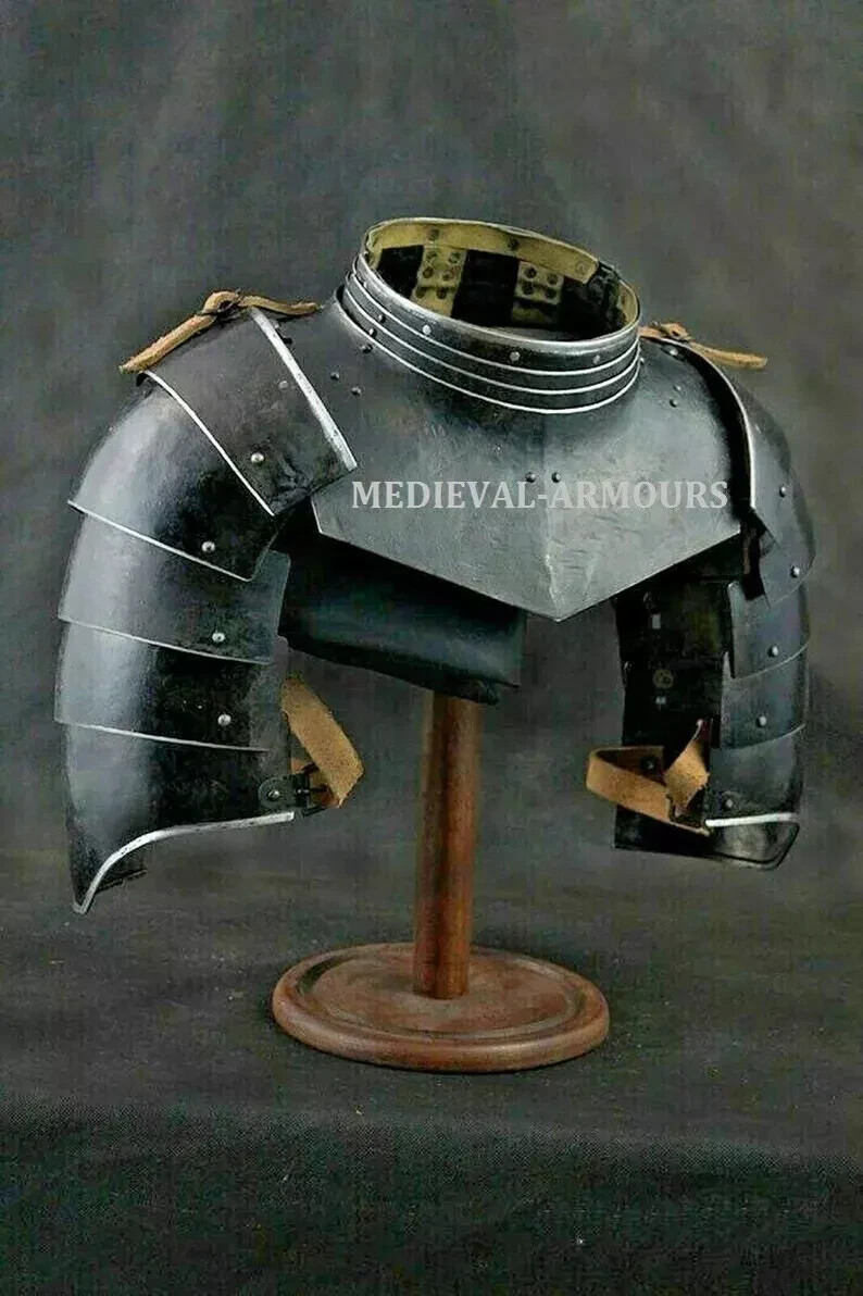 Medieval Hammered 18 Gauge Steel Blackened Pair Of Pauldrons With Gorget Armor