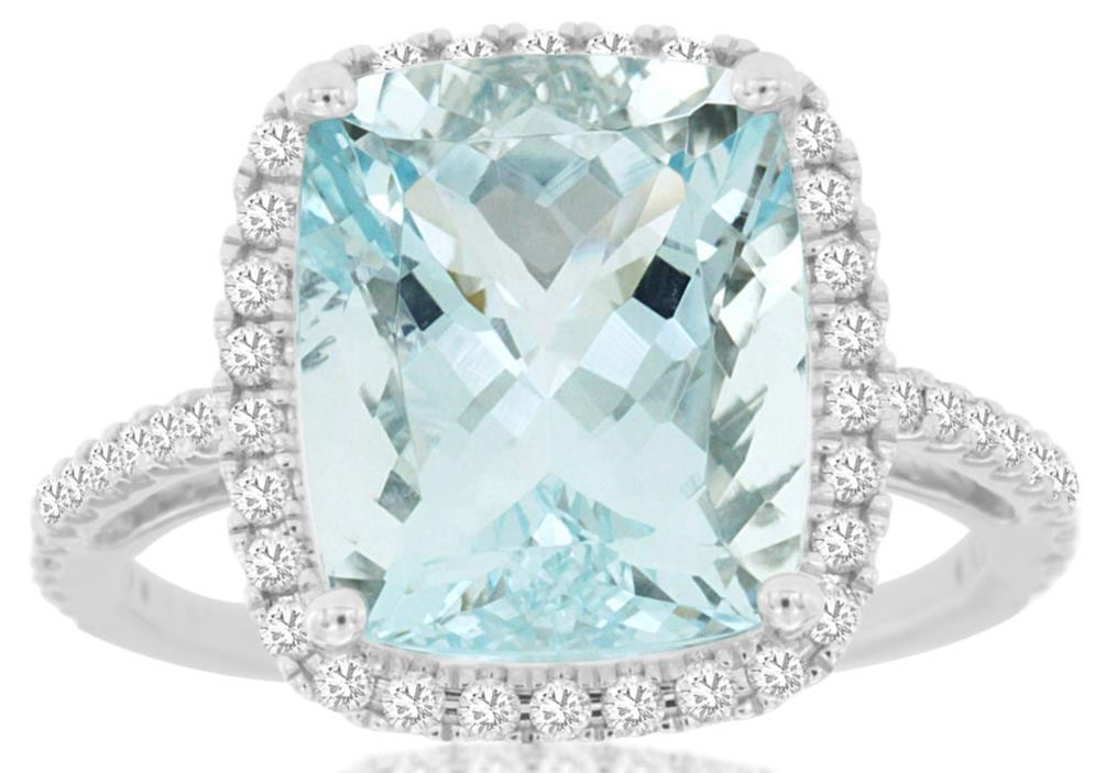 LARGE 5.68CT DIAMOND & AAA AQUAMARINE 14KT WHITE GOLD 3D CUSHION ENGAGEMENT RING