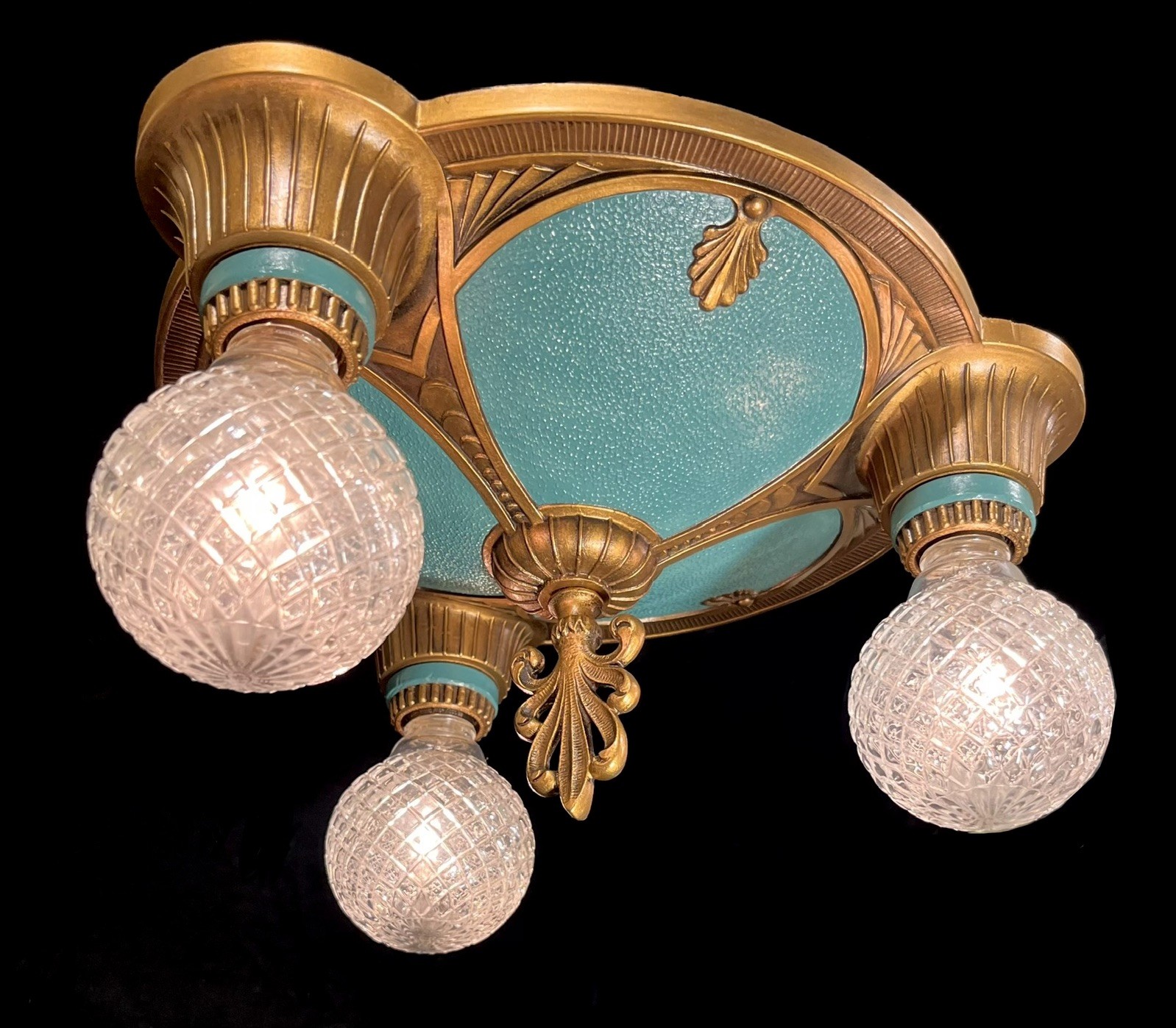 Antique Vtg Art Deco 3 Light Flush Mount Ceiling Fixture Polychrome (PAIR Avail)