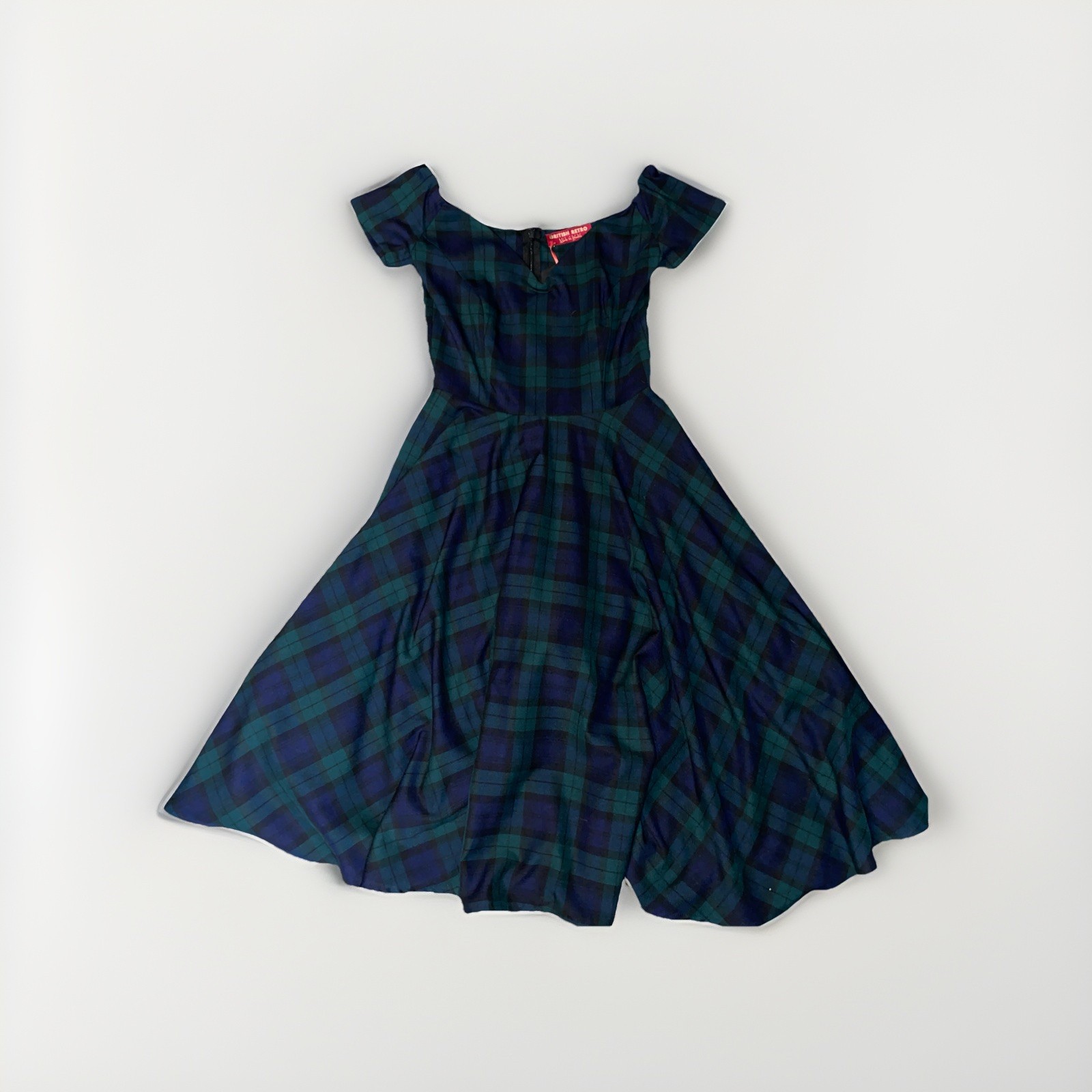  British retro Green Navy Plaid Swing Dress Size 8