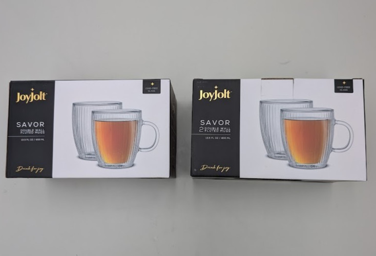 JoyJolt Savor Fluted Glass Coffee Mugs, Double Wall Coffee Mugs. 13.5oz