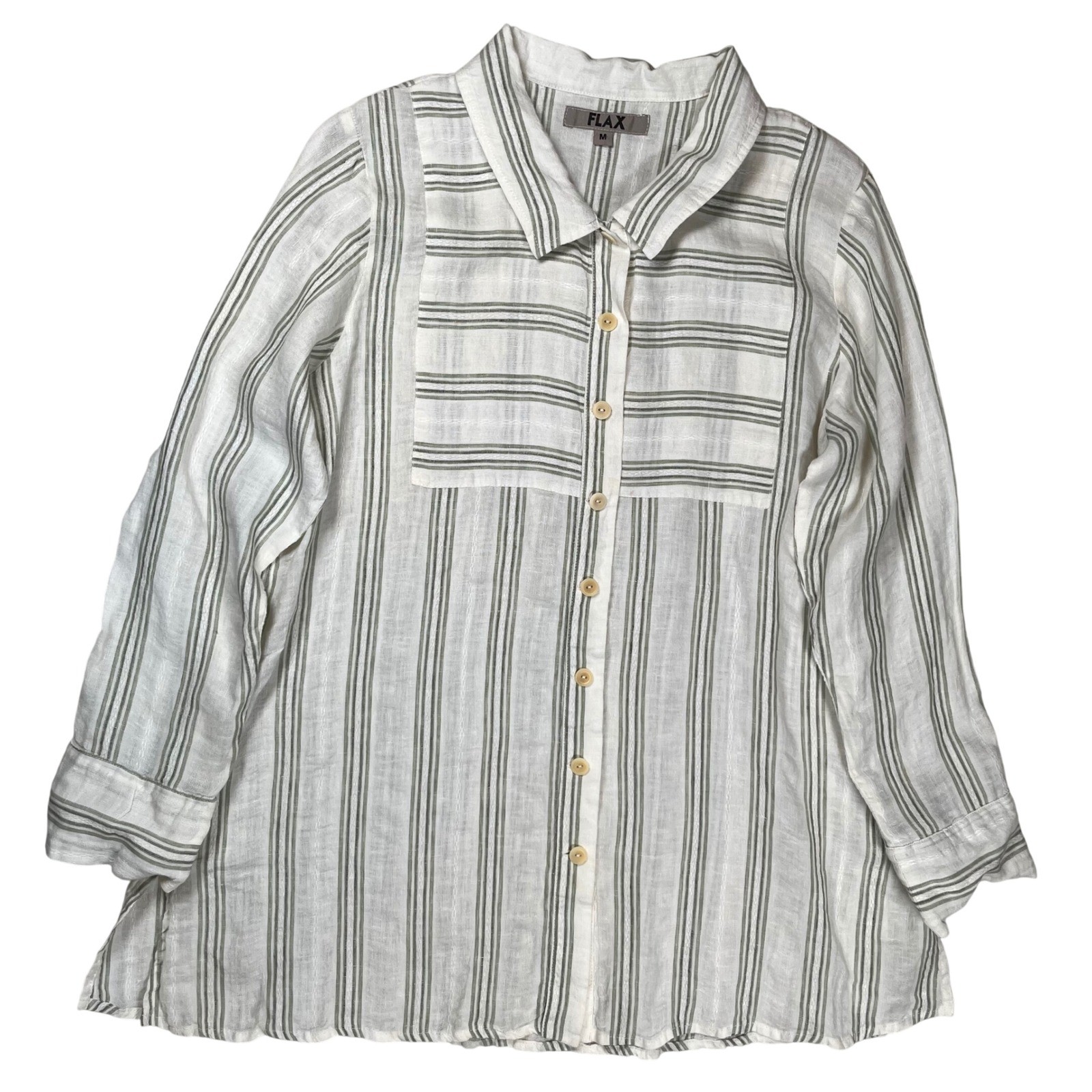 Flax Linen Shirt Women\'s Sz M White Green Striped Button Down Lagenlook Tunic
