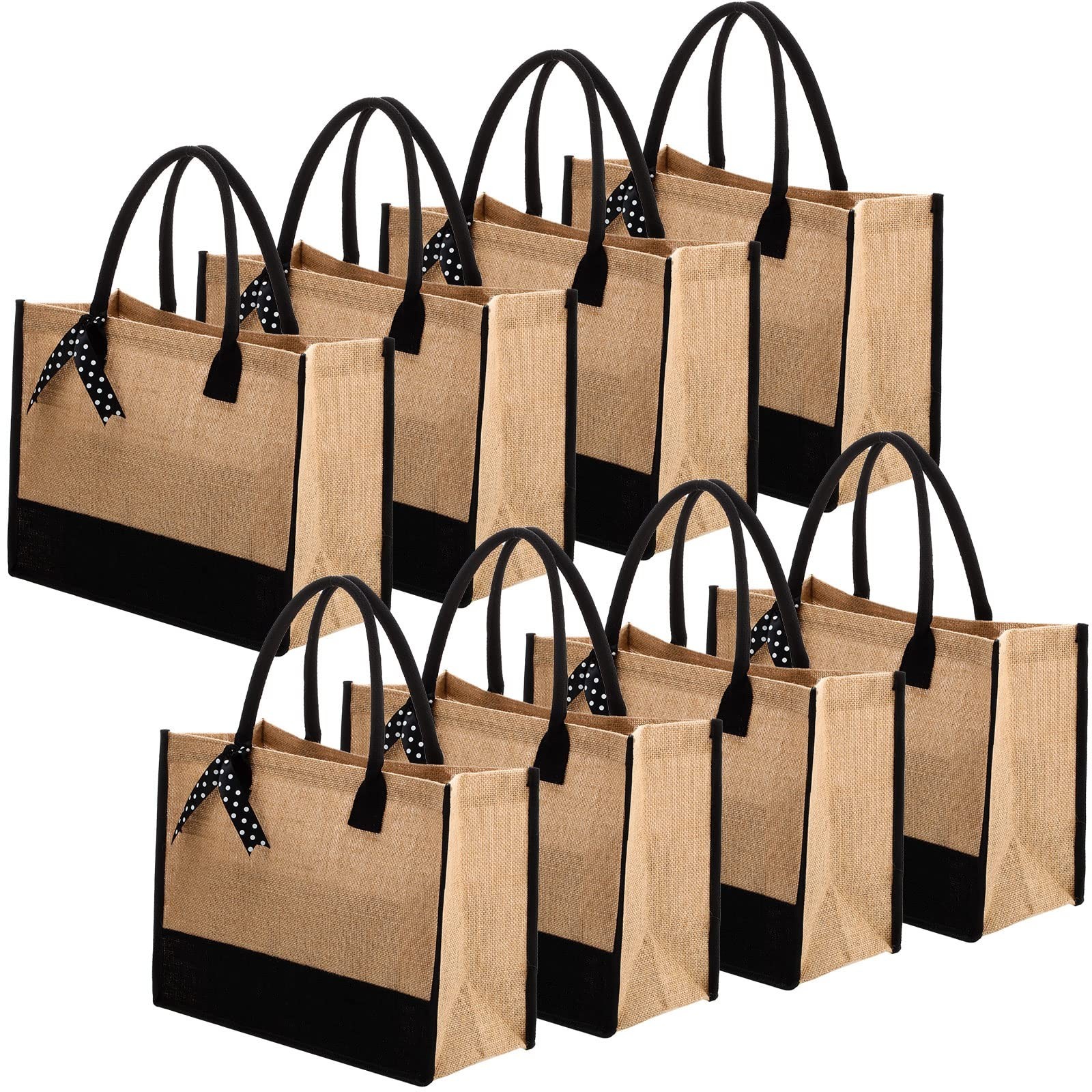 Peryiter 8 Pcs Black Burlap Tote Bag Set Jute Totes with Handles Large Reusab...