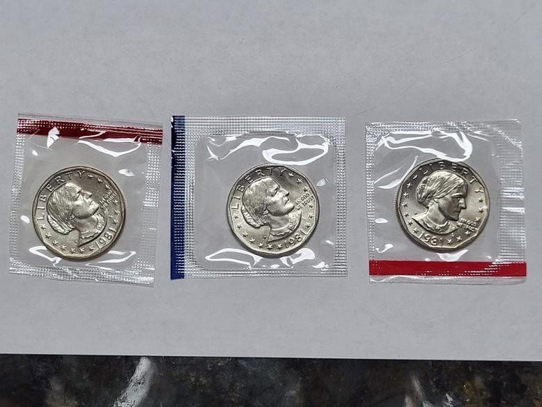 1981 P D S Susan B Anthony Brilliant Uncirculated Dollar 3 Coin Set, Mint Cello 1981 P D S Susan B Anthony Brilliant Uncirculated Dollar 3 Coin Set, Mint Cello