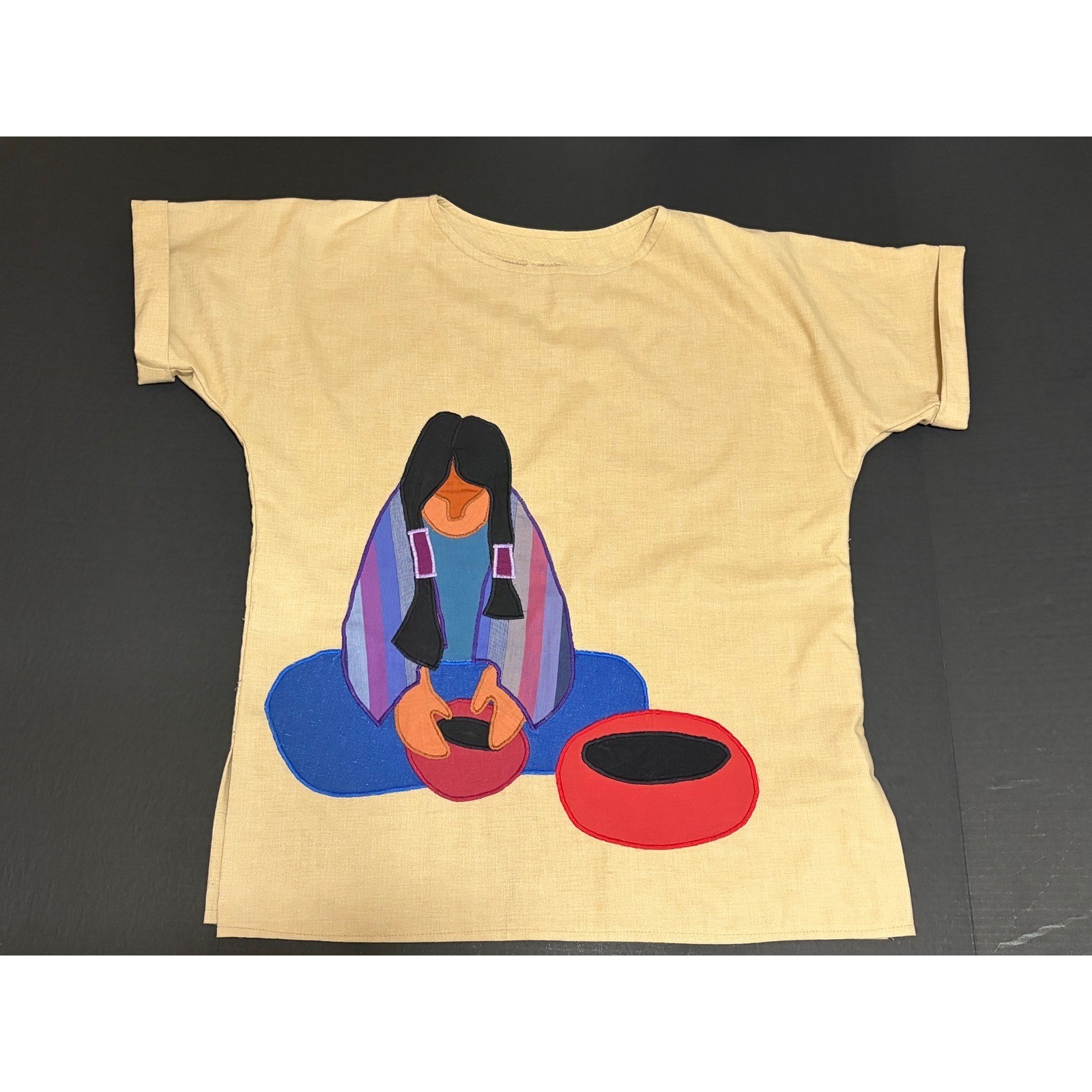 Vtg Alfredo\'s Wife Art to Wear Top Native American Pottery Appliqué Southwestern