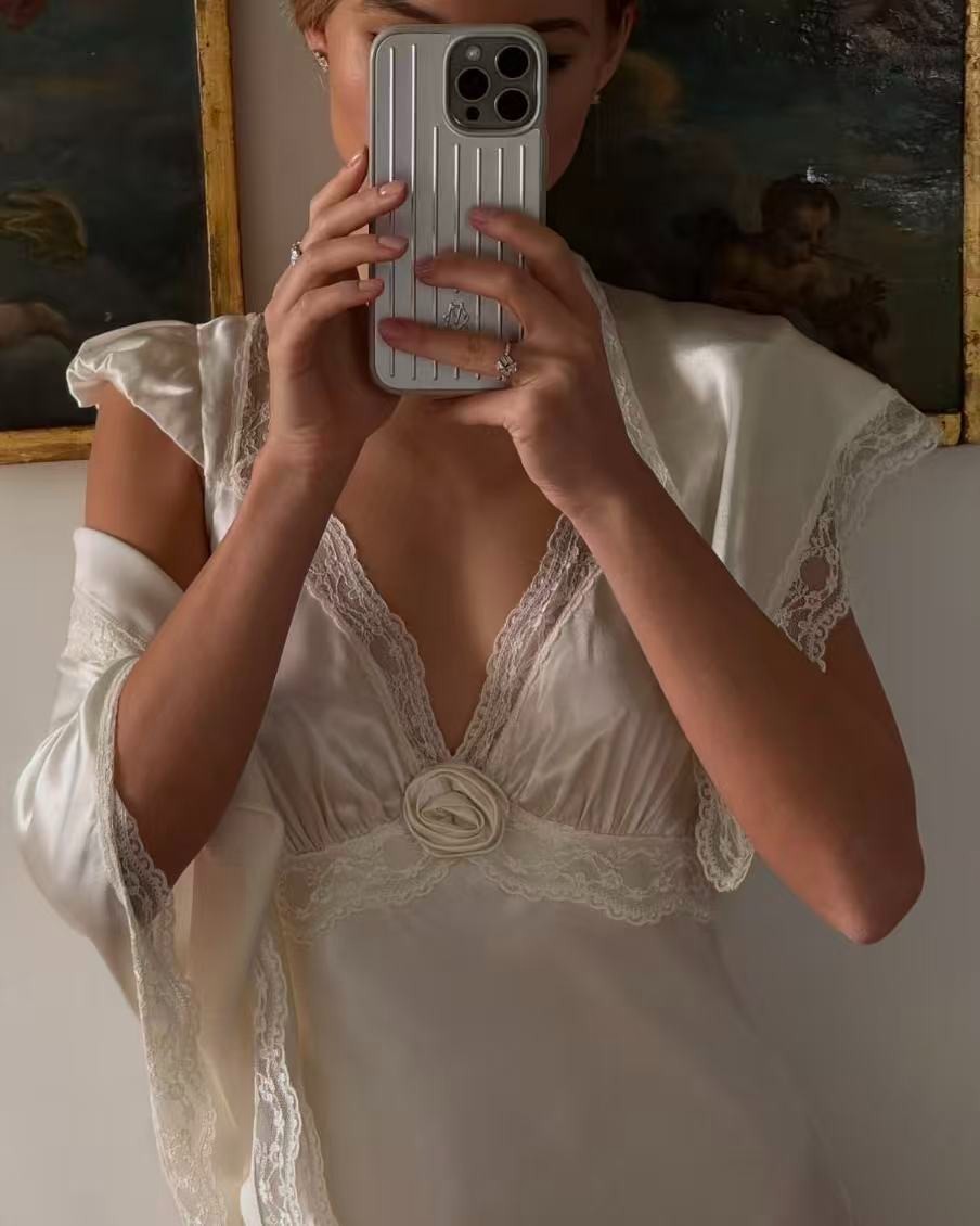 French Lace Slip Maxi Dress White Satin Romantic Cottagecore Dress S