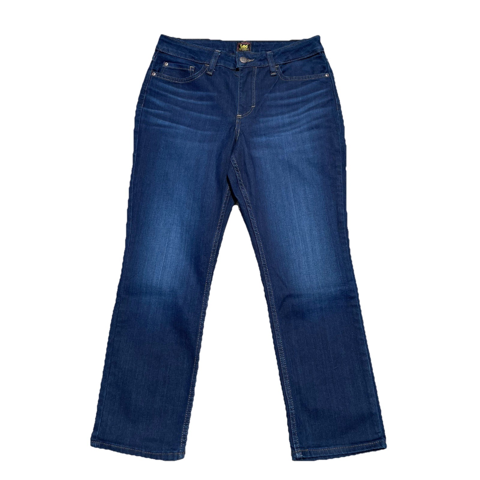 NEW LEE Women’s MidRise Straight Jeans (16) 34x27 PETITE Dark Wash Blue Stretch