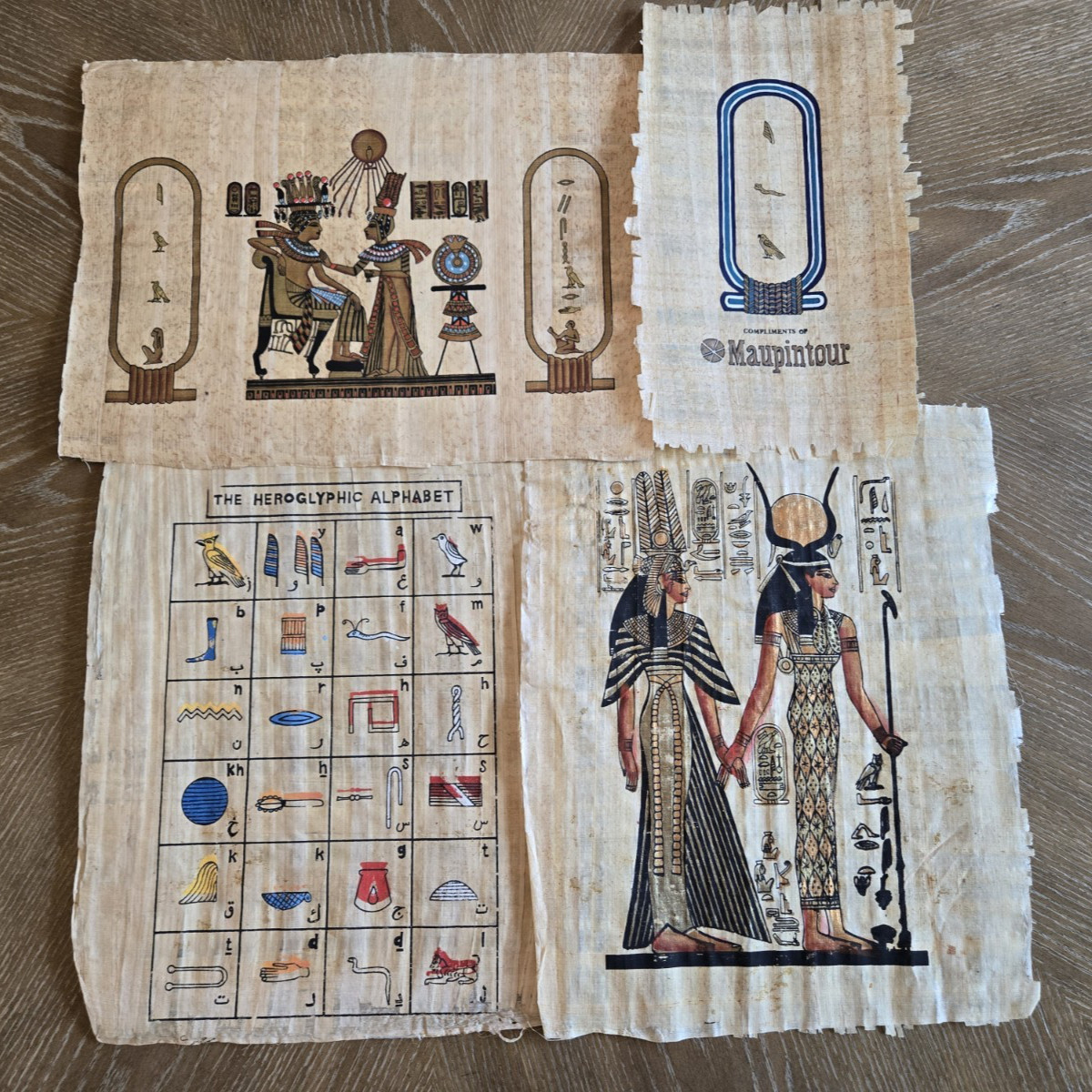 Egyptian Papyrus Art Hand Painted Set of 4 Heroglyph Pharaohs Birds Colored Egyptian Papyrus Art Hand Painted Set of 4 Heroglyph Pharaohs Birds Colored