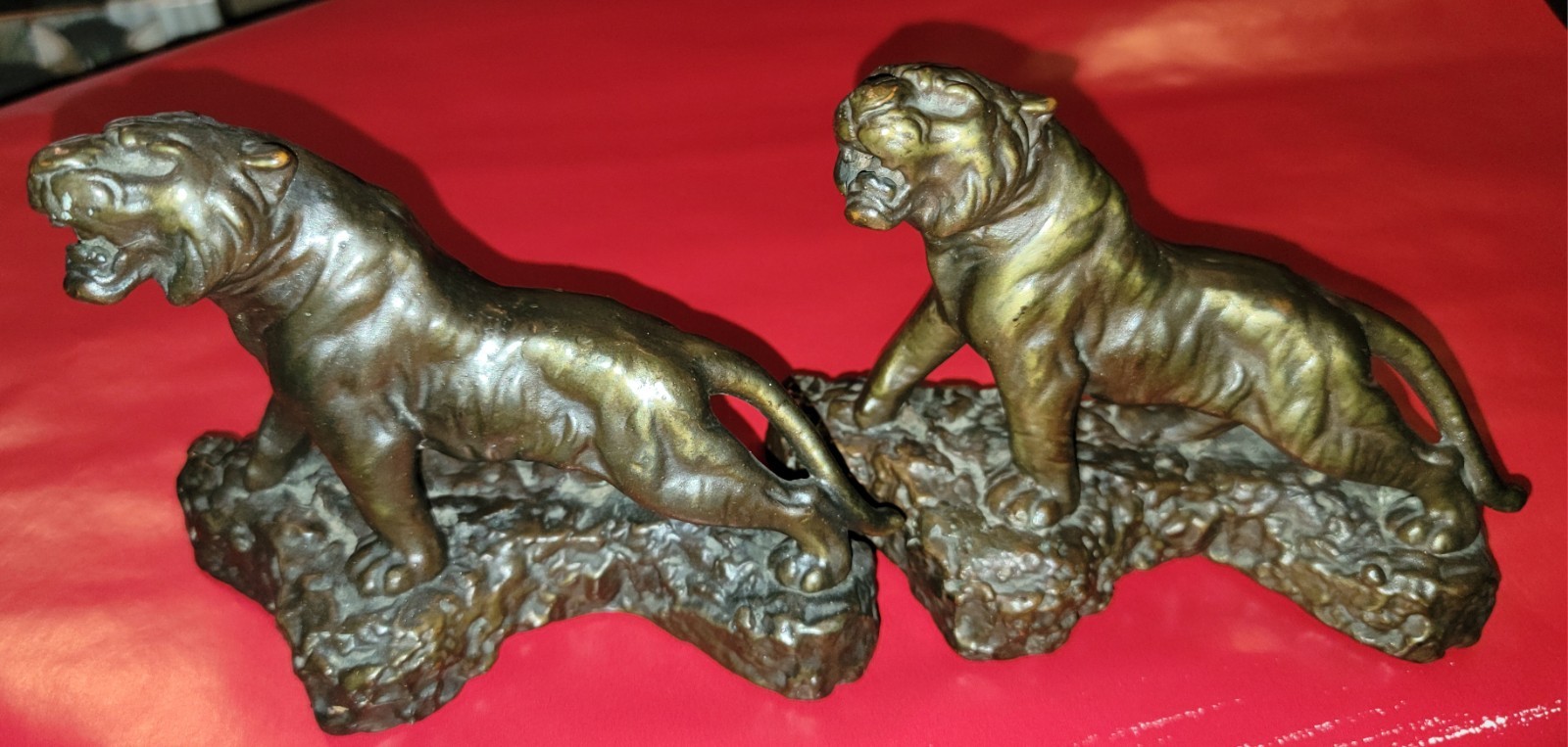 Antique 1920s Armor Bronze Art Deco Roaring Tiger Bookends Pair w/ Felt & Label