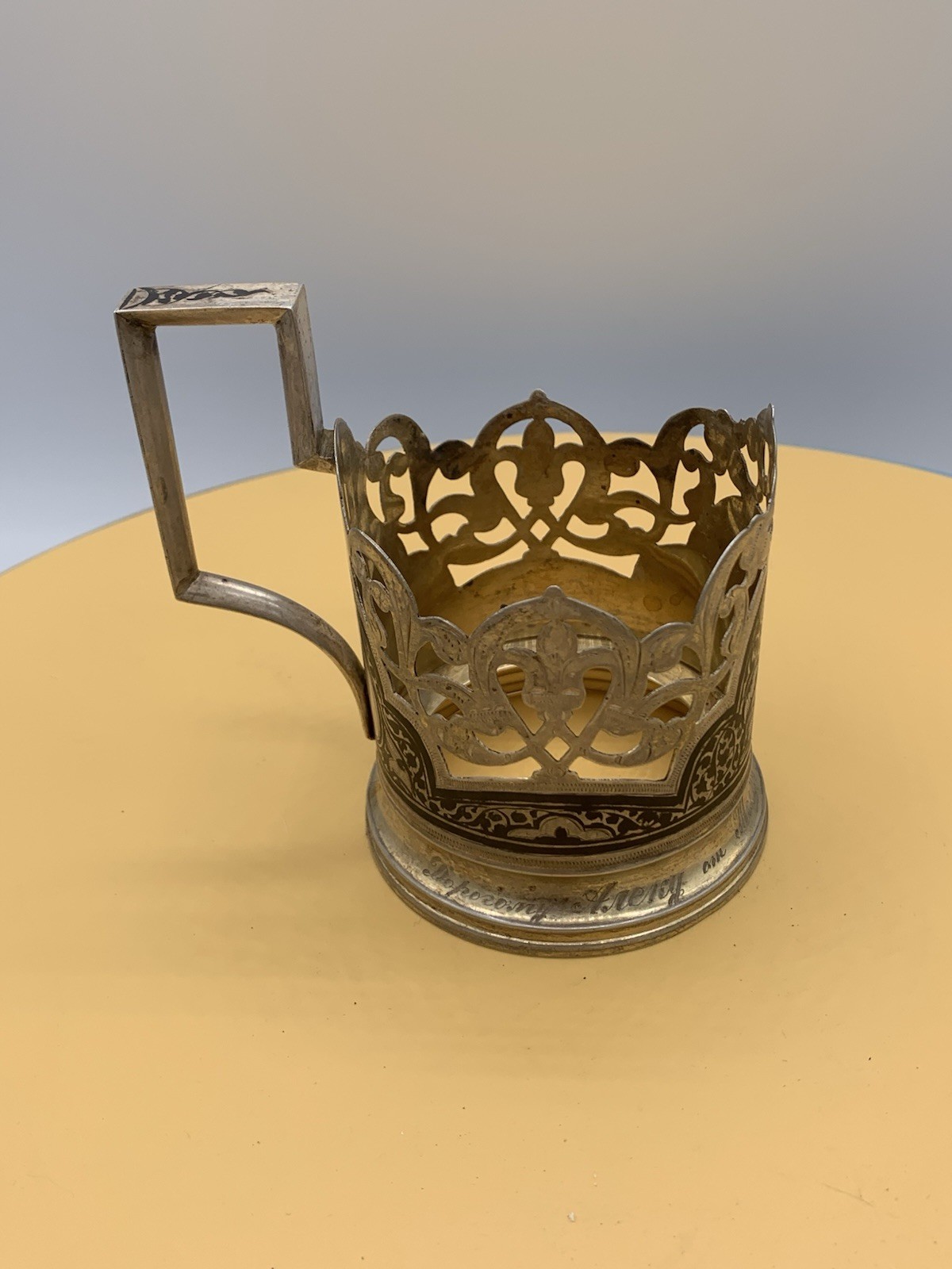 Vintage 1958 Soviet USSR Kubachi 875 Silver Niello Podstakannik TeaGlass Holder.