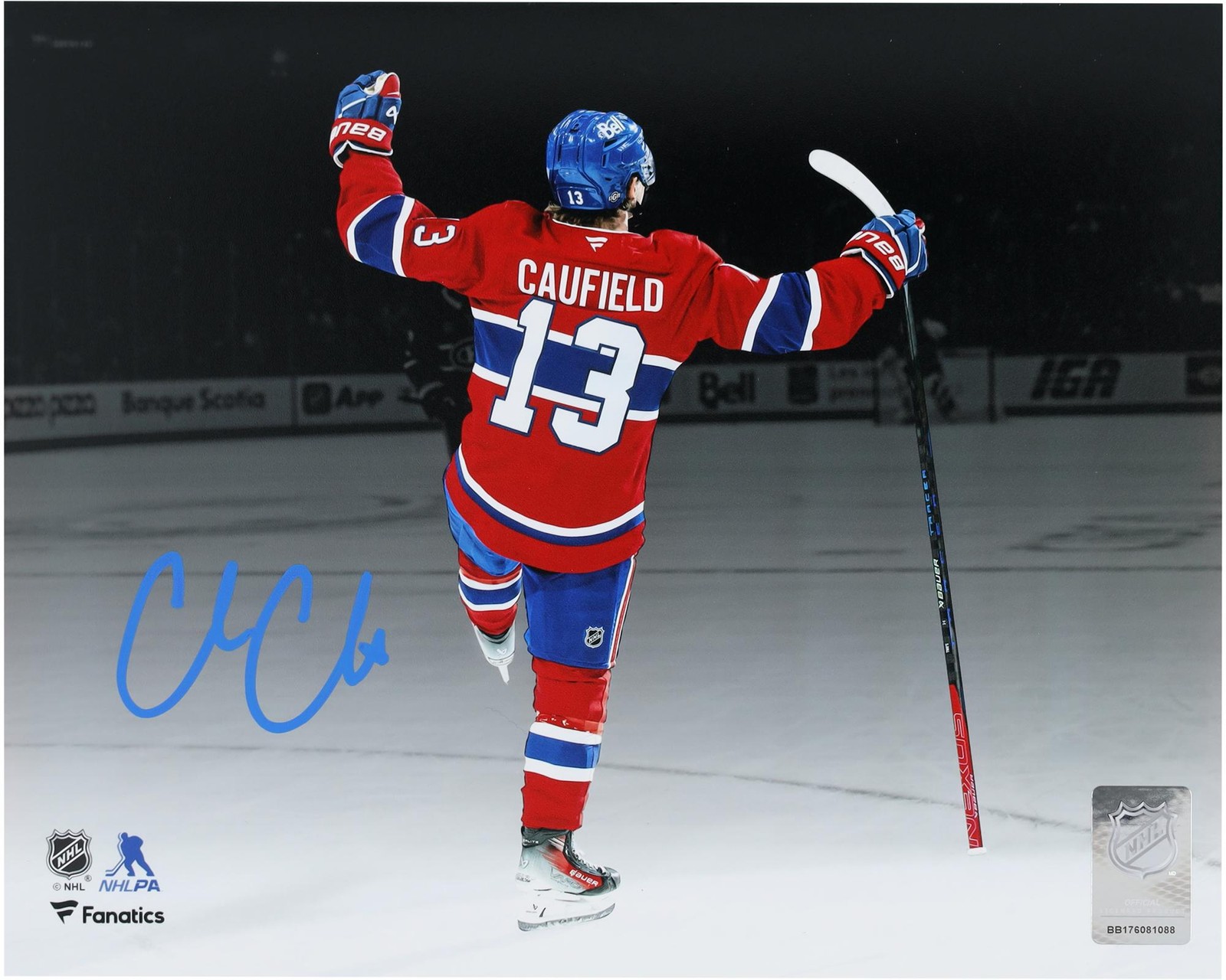 Cole Caufield Montreal Canadiens Signed 8x10 Red Spotlight Celebration Photo