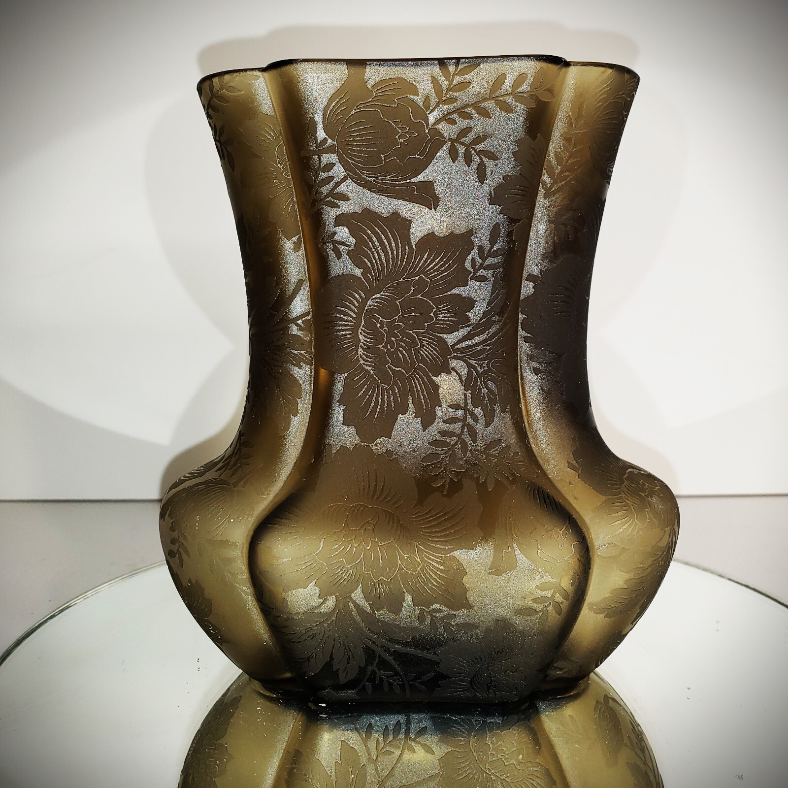 SCARCE Antique 1930s ART DECO Sculpted Art Glass ETCHED FLORENTINE BROCADE Smoke