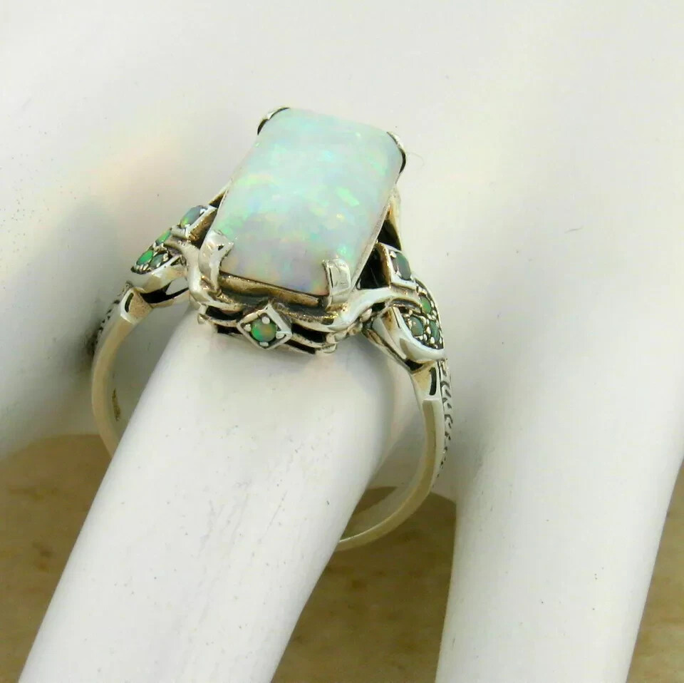 3Ct Emerald Cut Opal Antique Victorian Engagement Ring 14K White Gold Finish