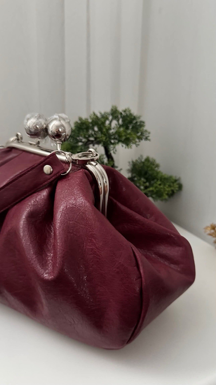 Handmade Luxury Genuine Leather Women Clutch Shoulder Bag Maroon Kiss Lock Pouch