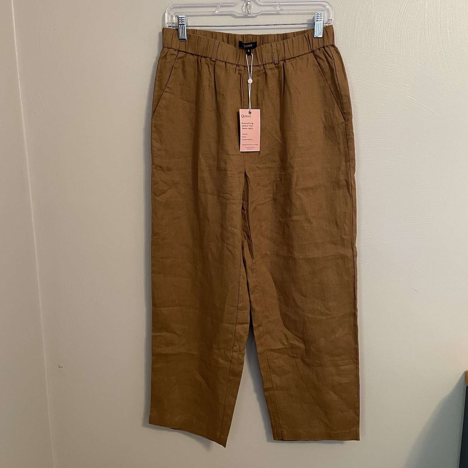 Quince Women\'s Brown Solid Pants Elastic Waist with Pockets Size S 100% Linen