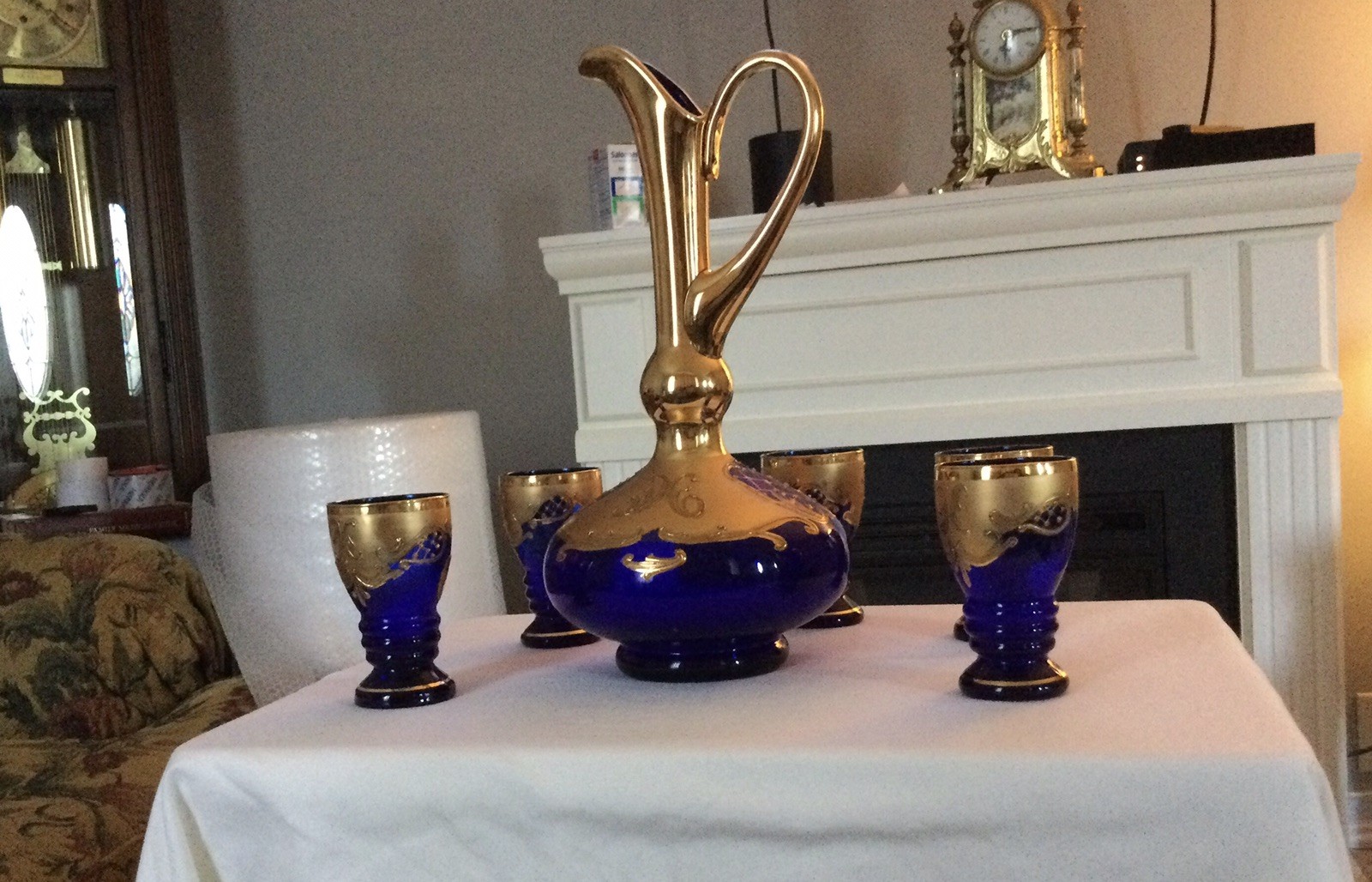 6pc CZECH BOHEMIAN MOSER GLASS DECANTER 5 GOBLETS BLUE HEAVY GOLD GILT