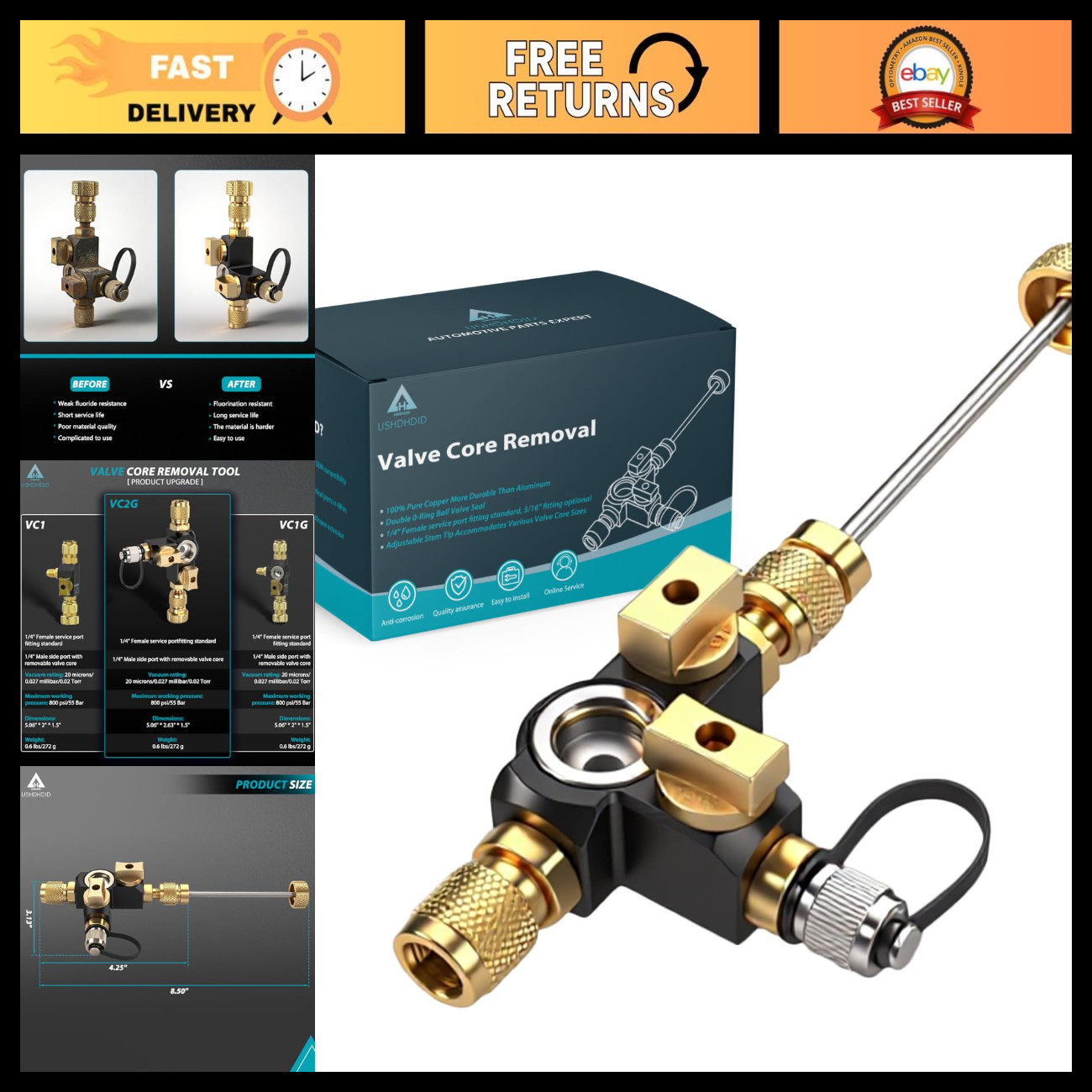 Dual Valve Core Removal Tool with Sight Glass - Vacuum-Rated 20 Microns, HVAC To
