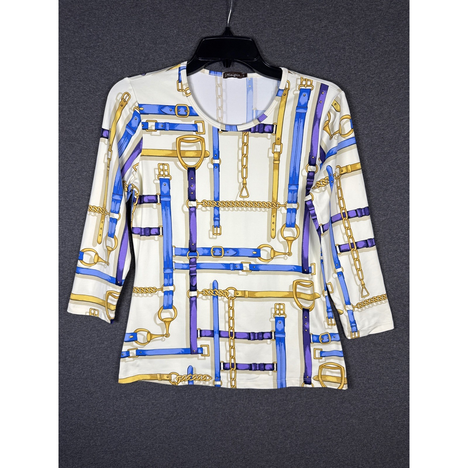 J.McLaughlin Womens Small Equestrian Belt Chain Print 3/4 Sleeve Top White Blue J.McLaughlin Womens Small Equestrian Belt Chain Print 3/4 Sleeve Top White Blue