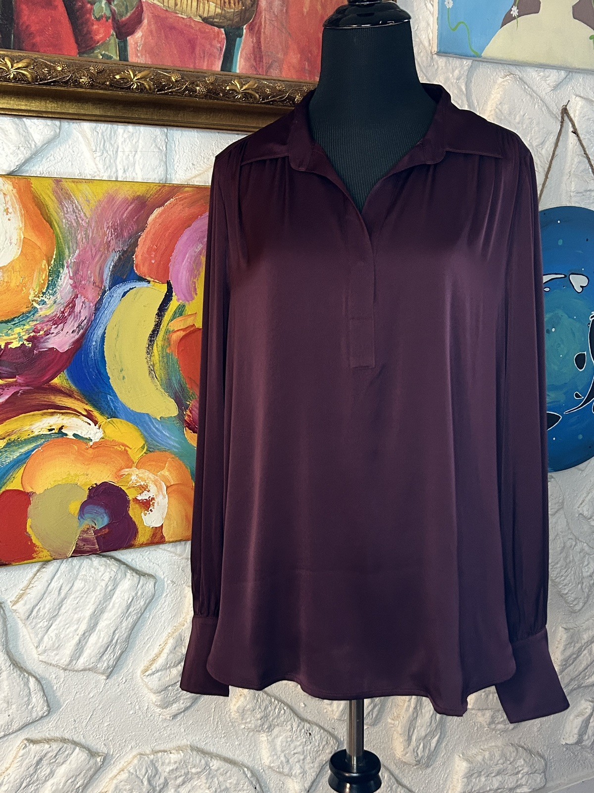 NWT Quince Washable Stretch Silk Notch Collar Blouse Wine Tasting Red XL