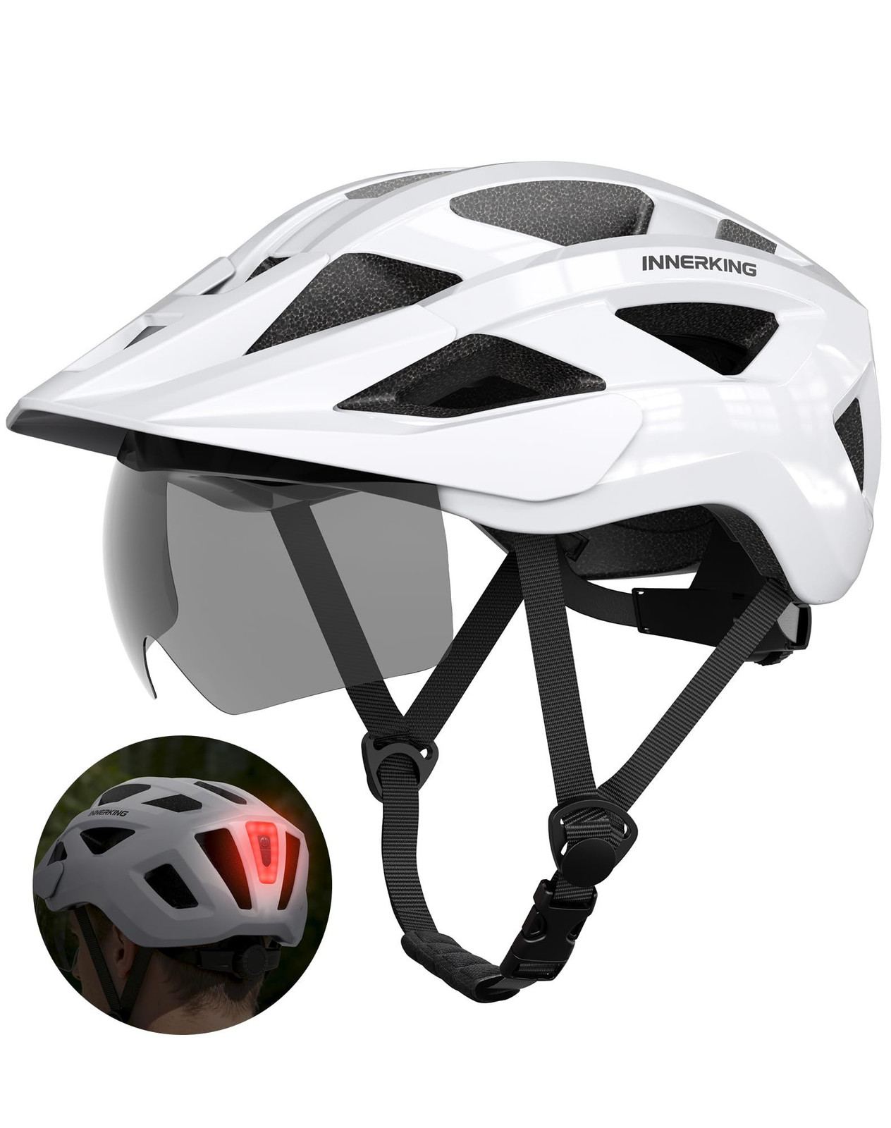 InnerKing Adult Bike Helmet Rear Light & OTG Magnetic Goggles Large, White InnerKing Adult Bike Helmet Rear Light & OTG Magnetic Goggles Large, White