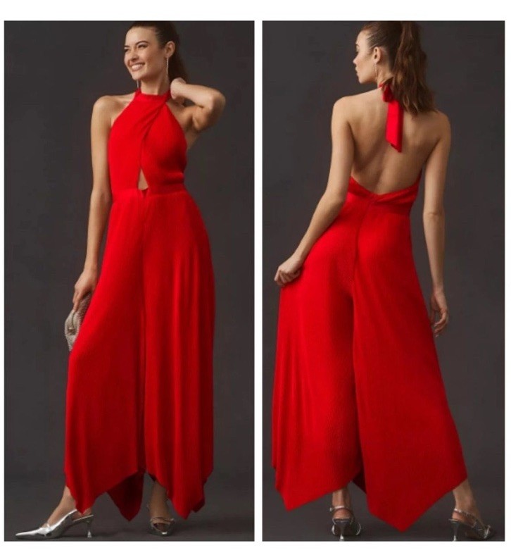 NWT By Anthropologie Plisse Pleated Jumpsuit  Women Size 12 Open Back Halter
