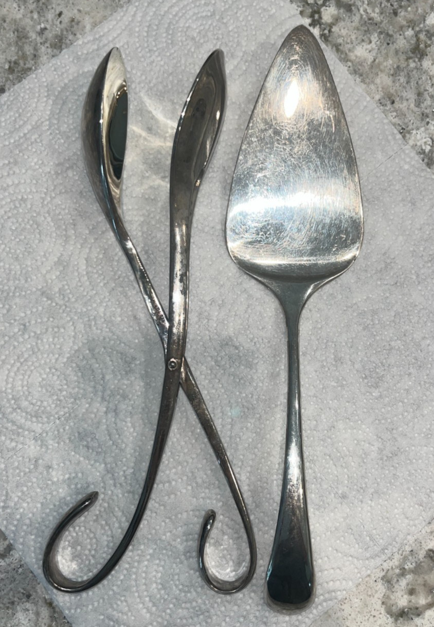 Vintage Dansk EPZ Silver Plated Serving Set Cake Server & Tongs Italy Japan Pair