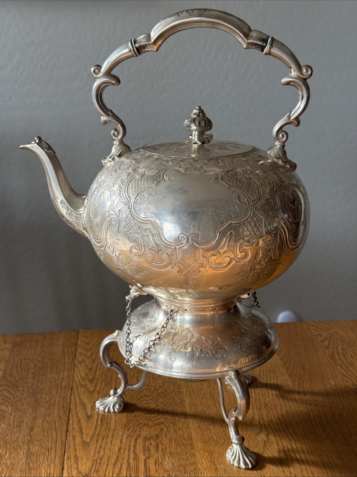 Antique Roberts & Belk Silverplate Tilting Teapot on Stand, Spirit Kettle,