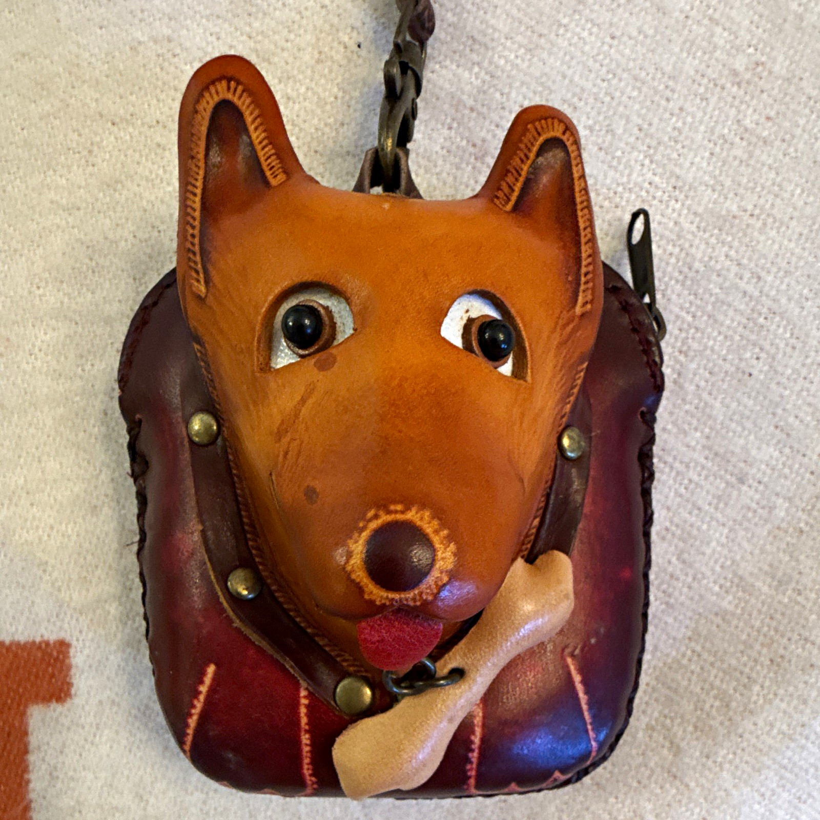 Vintage Handcrafted Leather Dog Dangling Bone Coin Purse Wristlet Excellent Cond