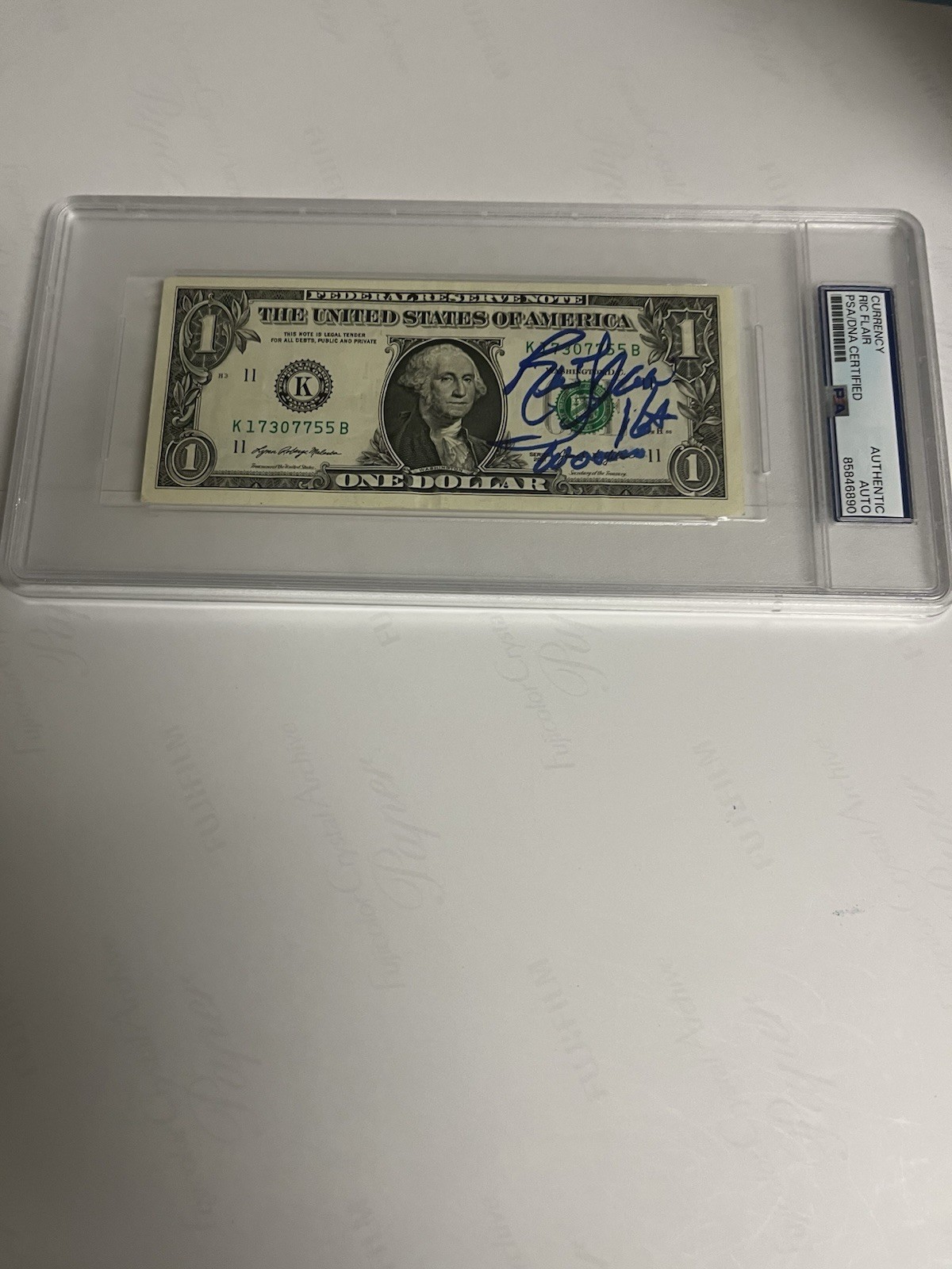 Autographed Ric Flair Dollar Bill 2 Inscriptions 16x And Woooo PSA Signed Auto Autographed Ric Flair Dollar Bill 2 Inscriptions 16x And Woooo PSA Signed Auto