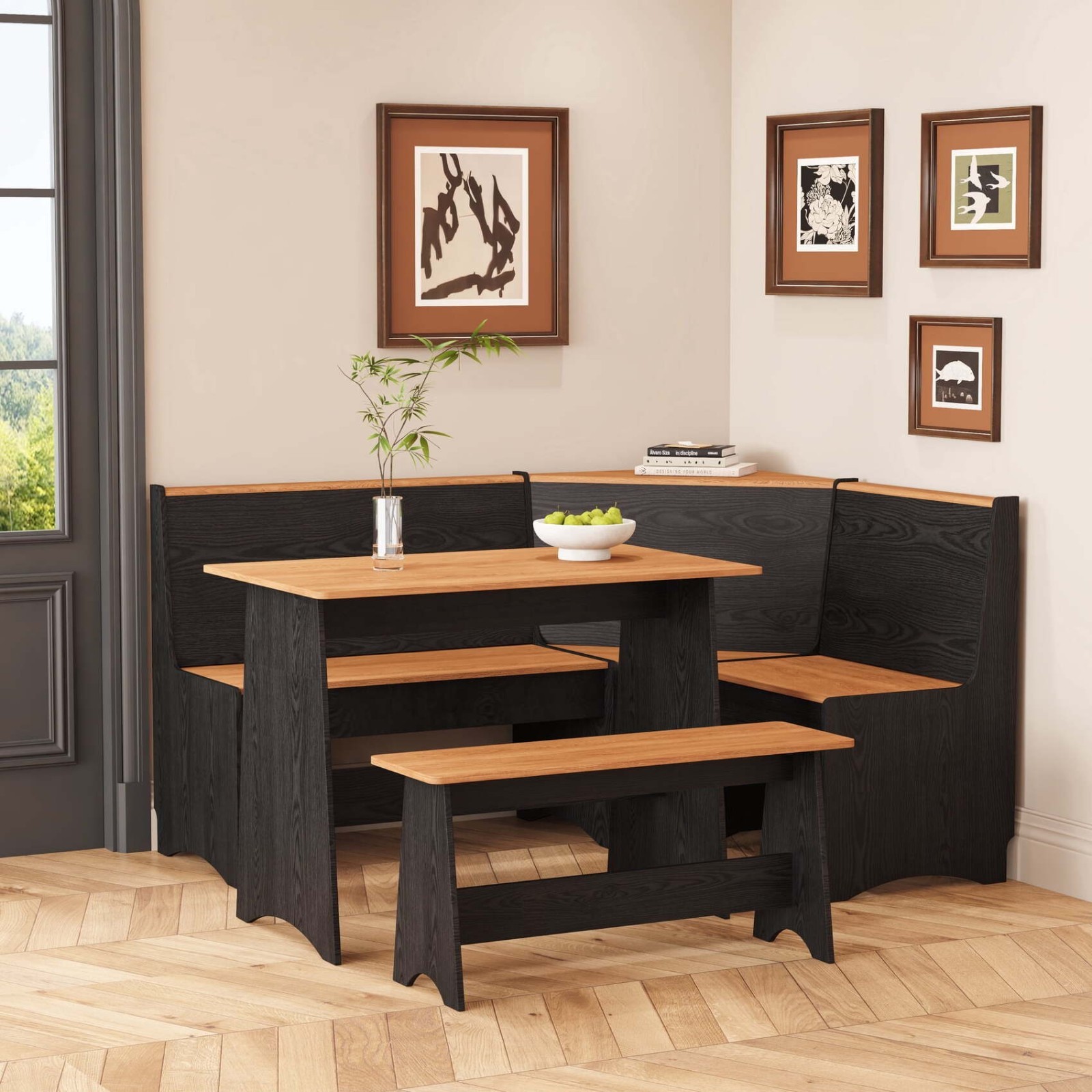 Kitchen Nook Breakfast Dining Table Bench Reversible Corner Unit Black & Brown Kitchen Nook Breakfast Dining Table Bench Reversible Corner Unit Black & Brown