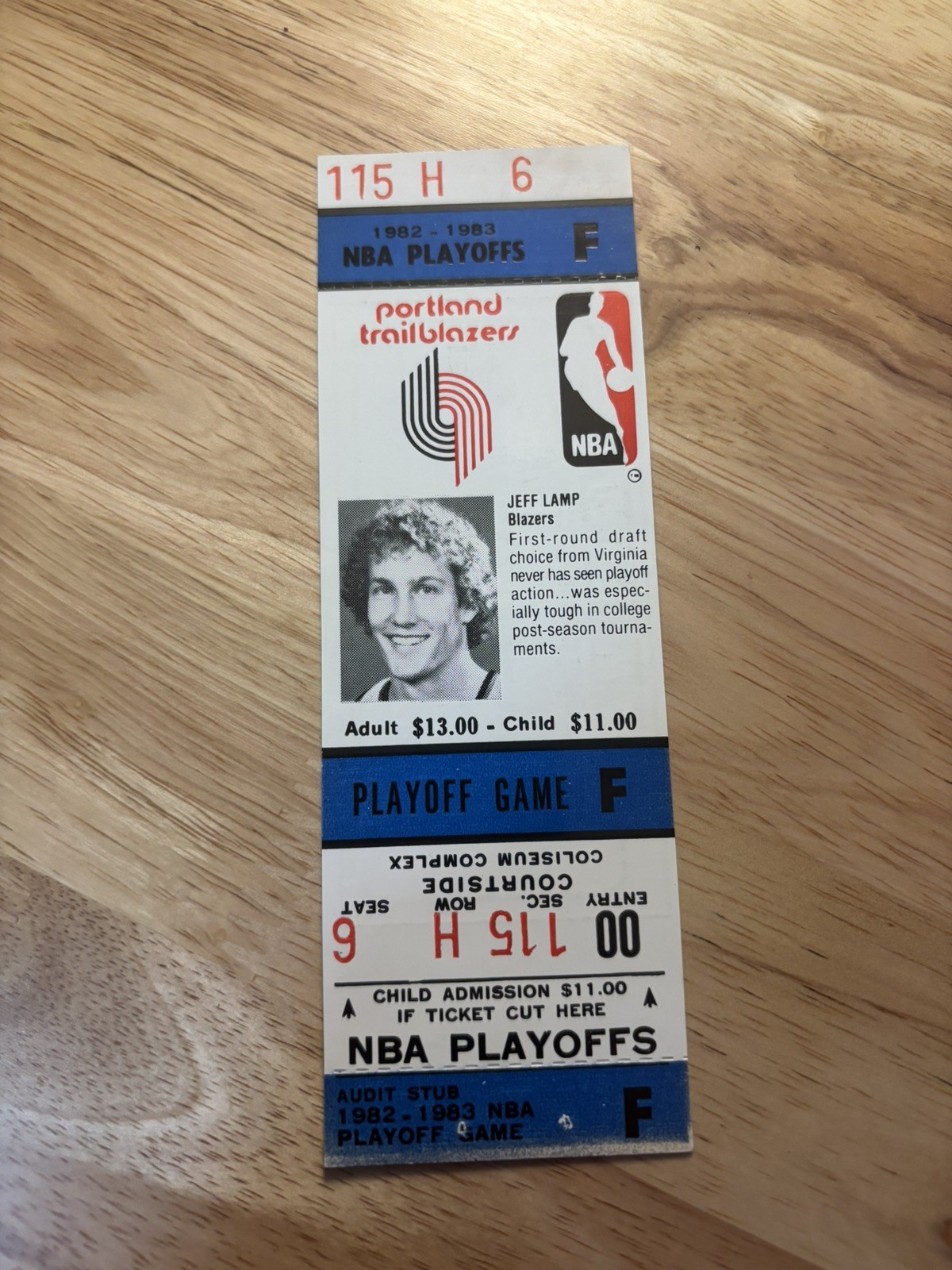 1982-83 NBA Playoffs Jeff Lamp Ticket Portland Trail Blazers