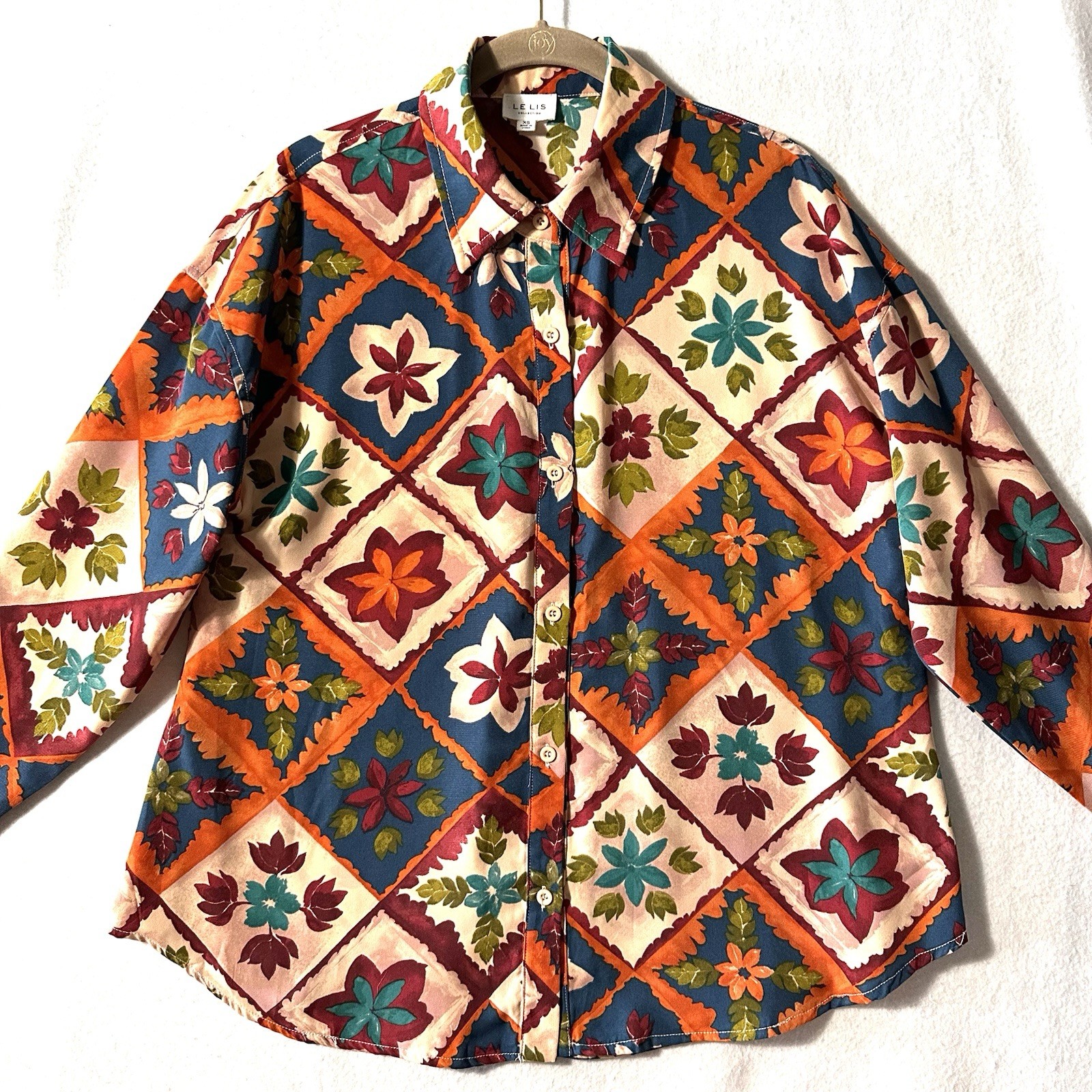 Le Lis XS Retro Bloom Button Front Top Floral 70s Oversized Autumn Fall
