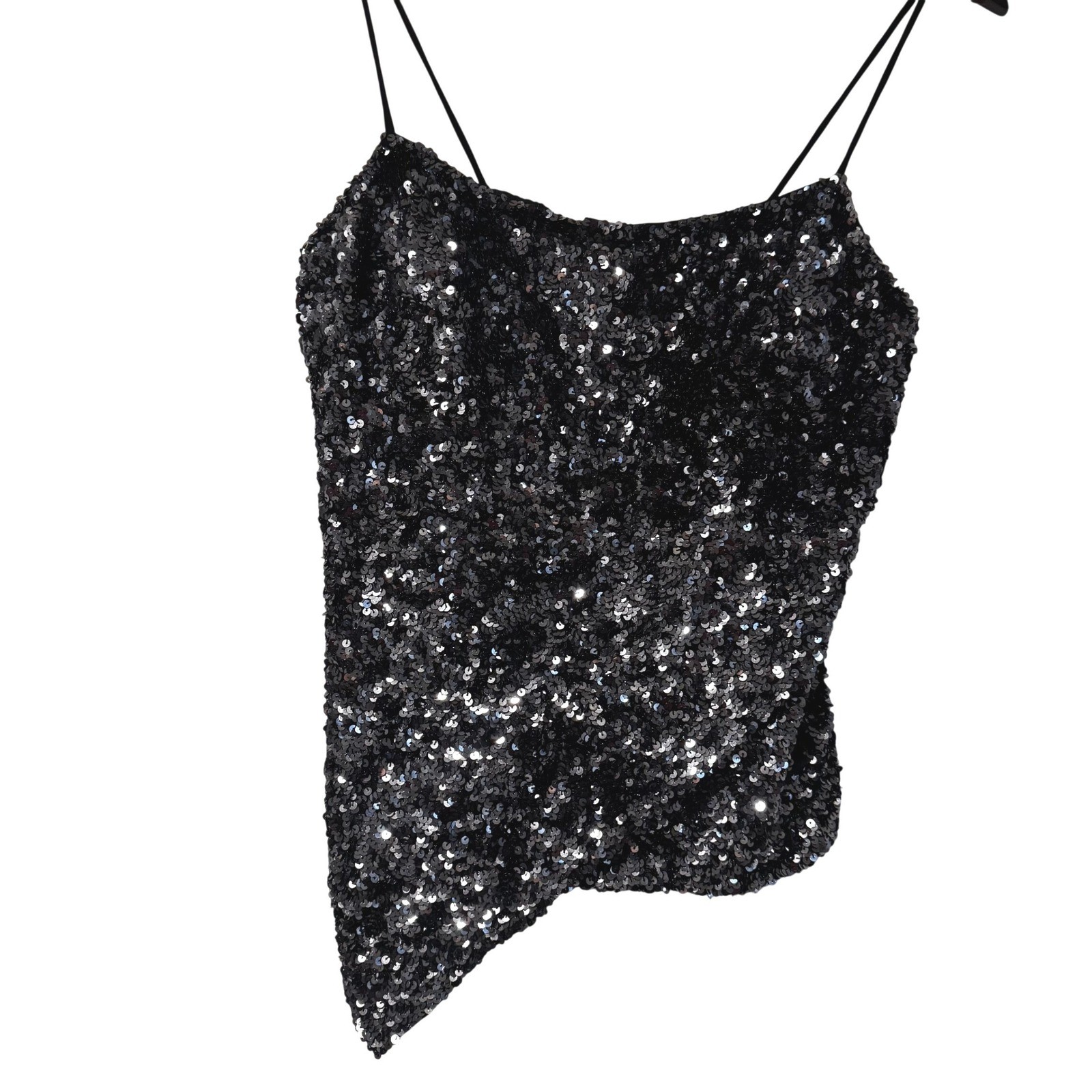 Vintage Cache Black Silk Sequin Top Asymmetrical Fairy Y2K Beaded Whimsigoth