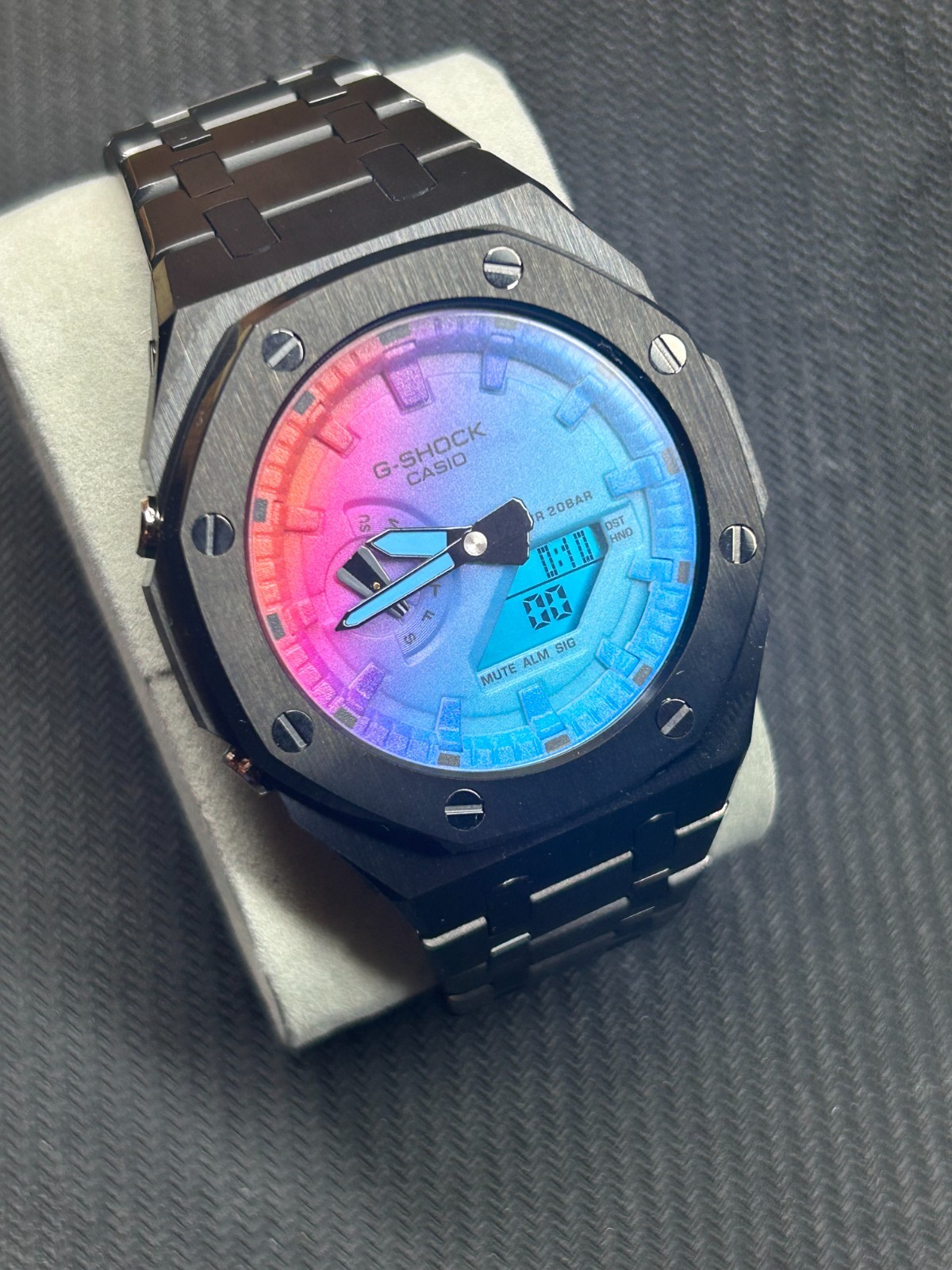 Modified Casio G-SHOCK iridescent dial & black metal case and strap mens watch