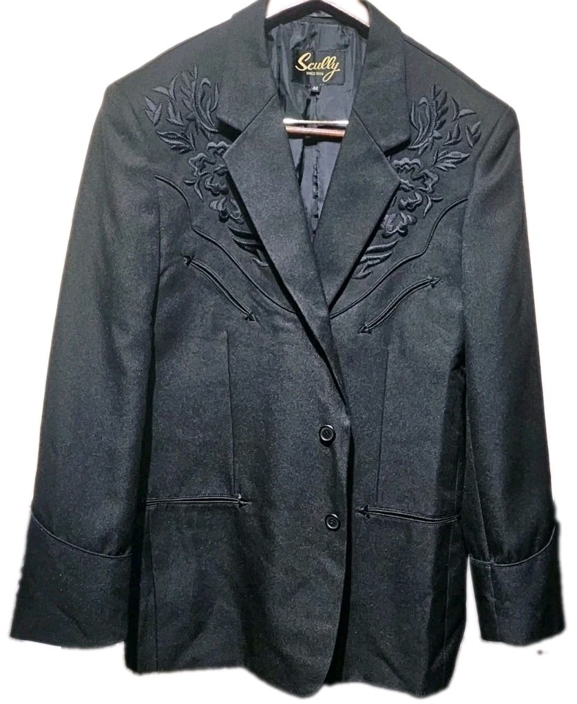 Scully Mens Western Blazer Black Floral Embroidered, 2 Button -(44) VINTAGE
