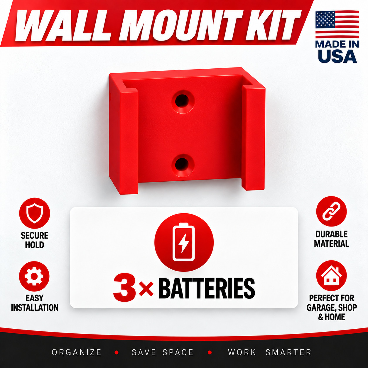 3 Pack: HEAVY DUTY Milwaukee M18 BATTERY Holder / Mount MADE IN USA