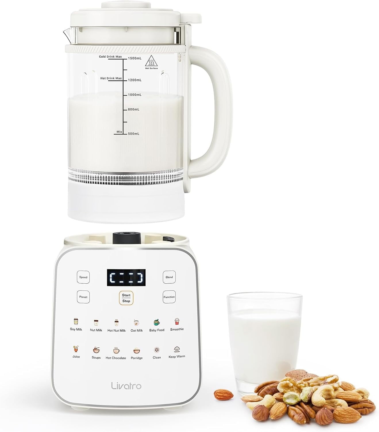 Livatro Nut Milk Maker, 12-in-1 Automatic Soy Milk Machine with Detachable Glass