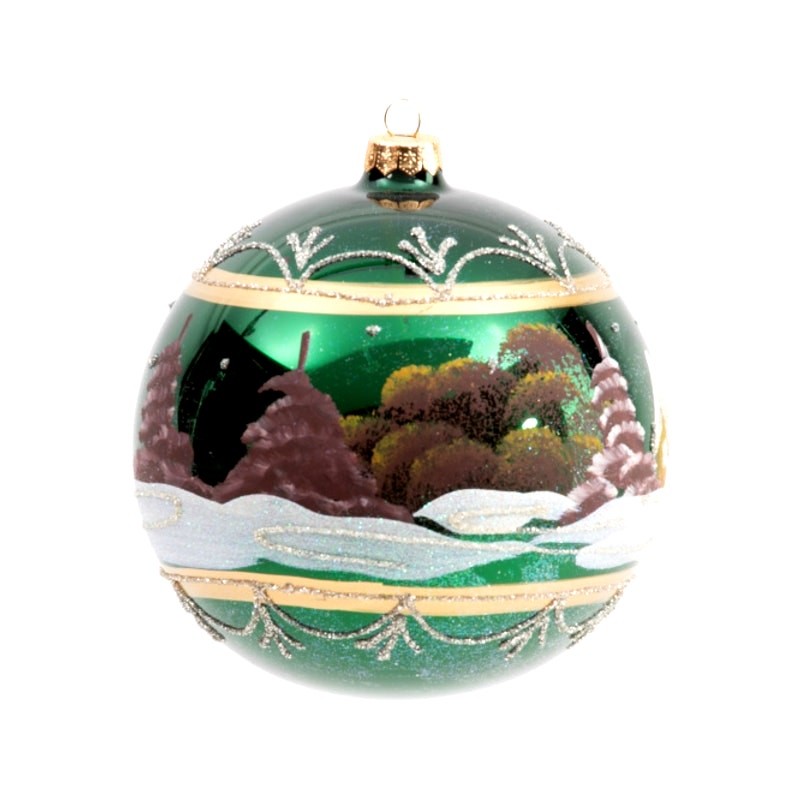 Vitbis Poland 6in Oversized Glass Ornament With Winter House Scene Green NEW