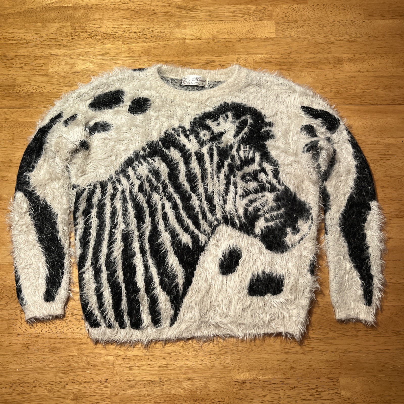 Mirumi Zebra Sweater Womens Small Soft Fluffy Black & Cream Africa Safari Animal
