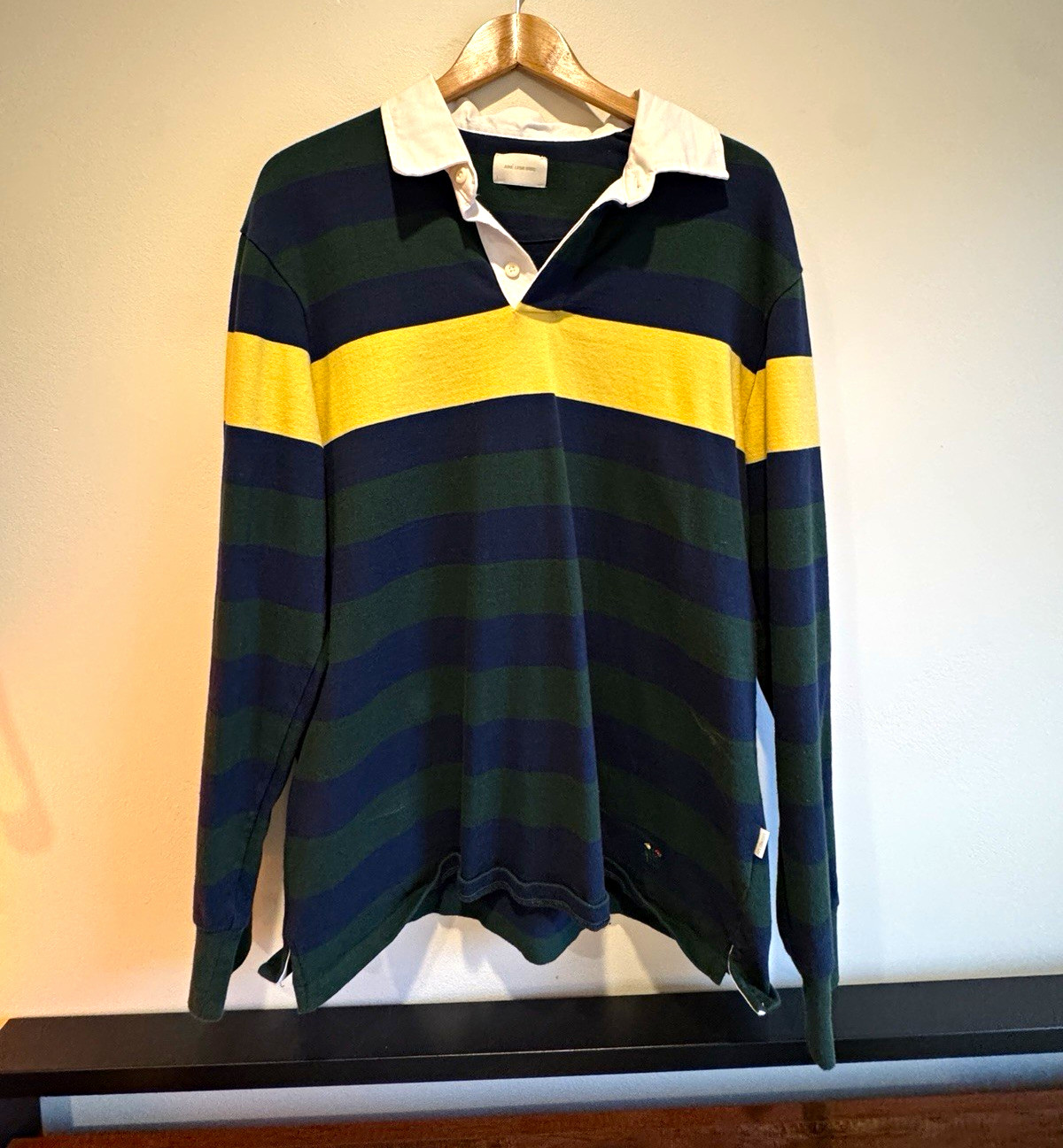 Aime Leon Dore Men\'s L Striped Rugby Polo Long Sleeve Green Blue Yellow White
