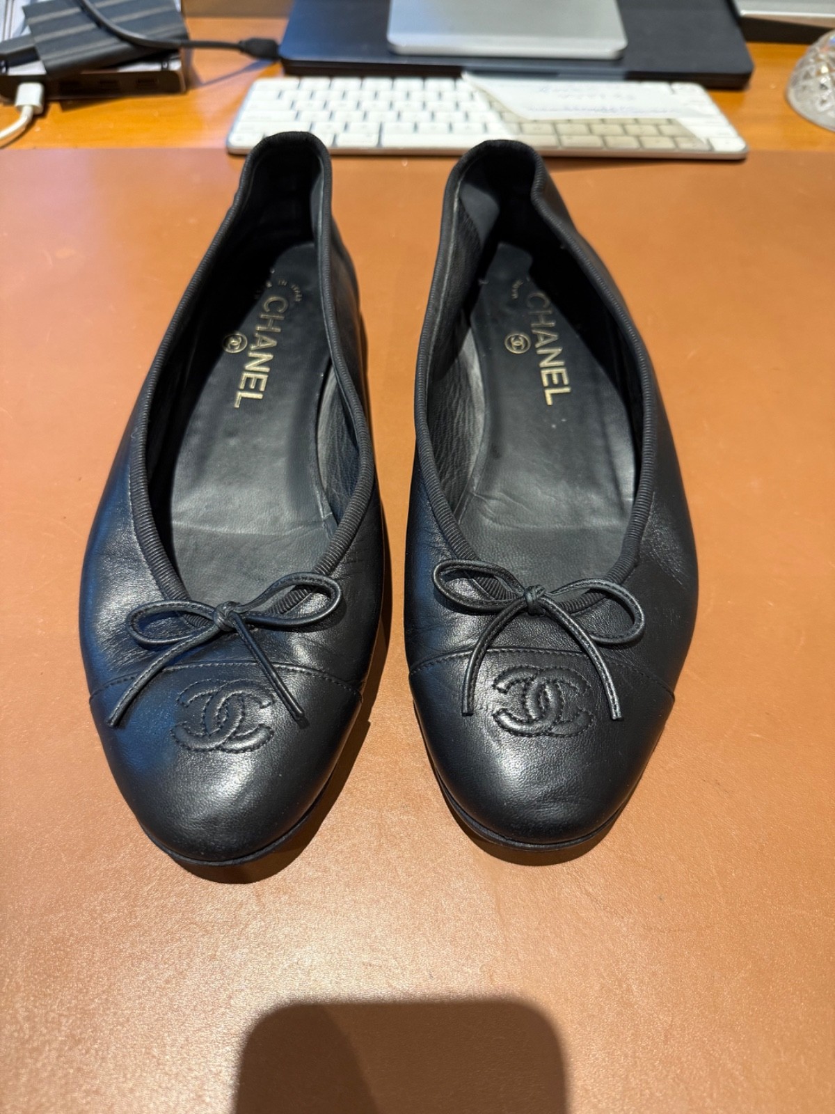 CHANEL Classic Black Leather CC Cap Toe Ballet Flats Shoes Size 39