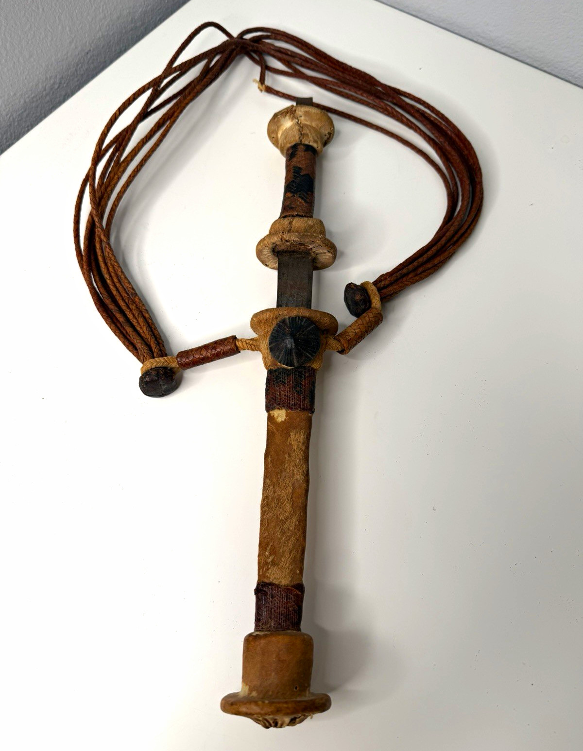Antique African Double-Edge Steel Dagger w/ Leather Handle & Sheath,