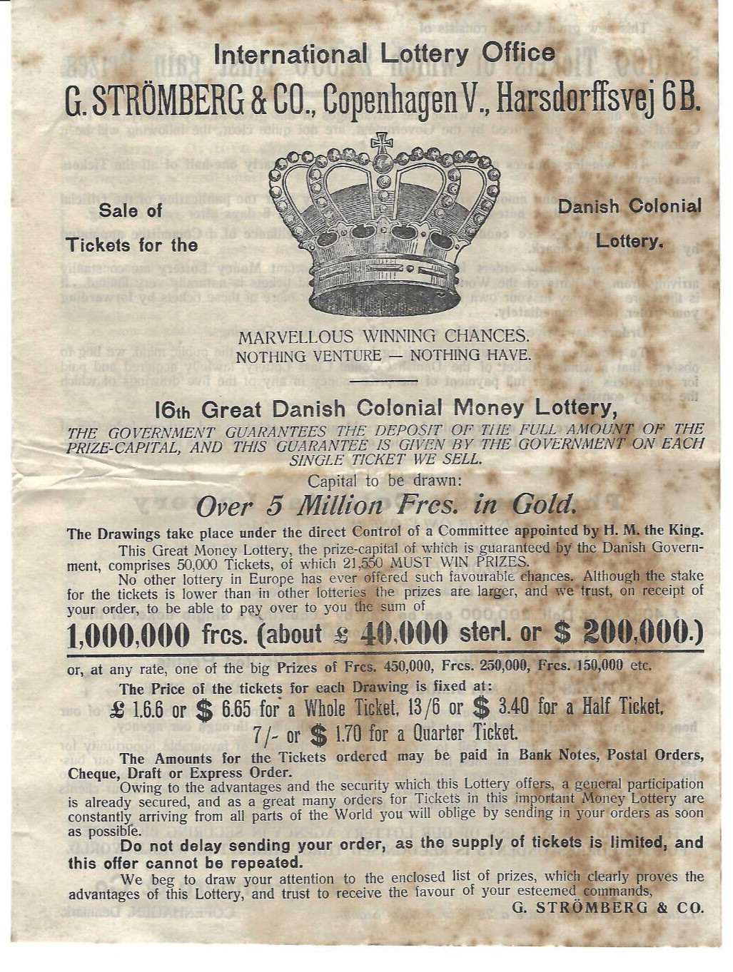 VTG 1914 \'GREAT DANISH COLONIAL MONEY LOTTERY\' ADVERTISING BROCHURE~WIN $200,000