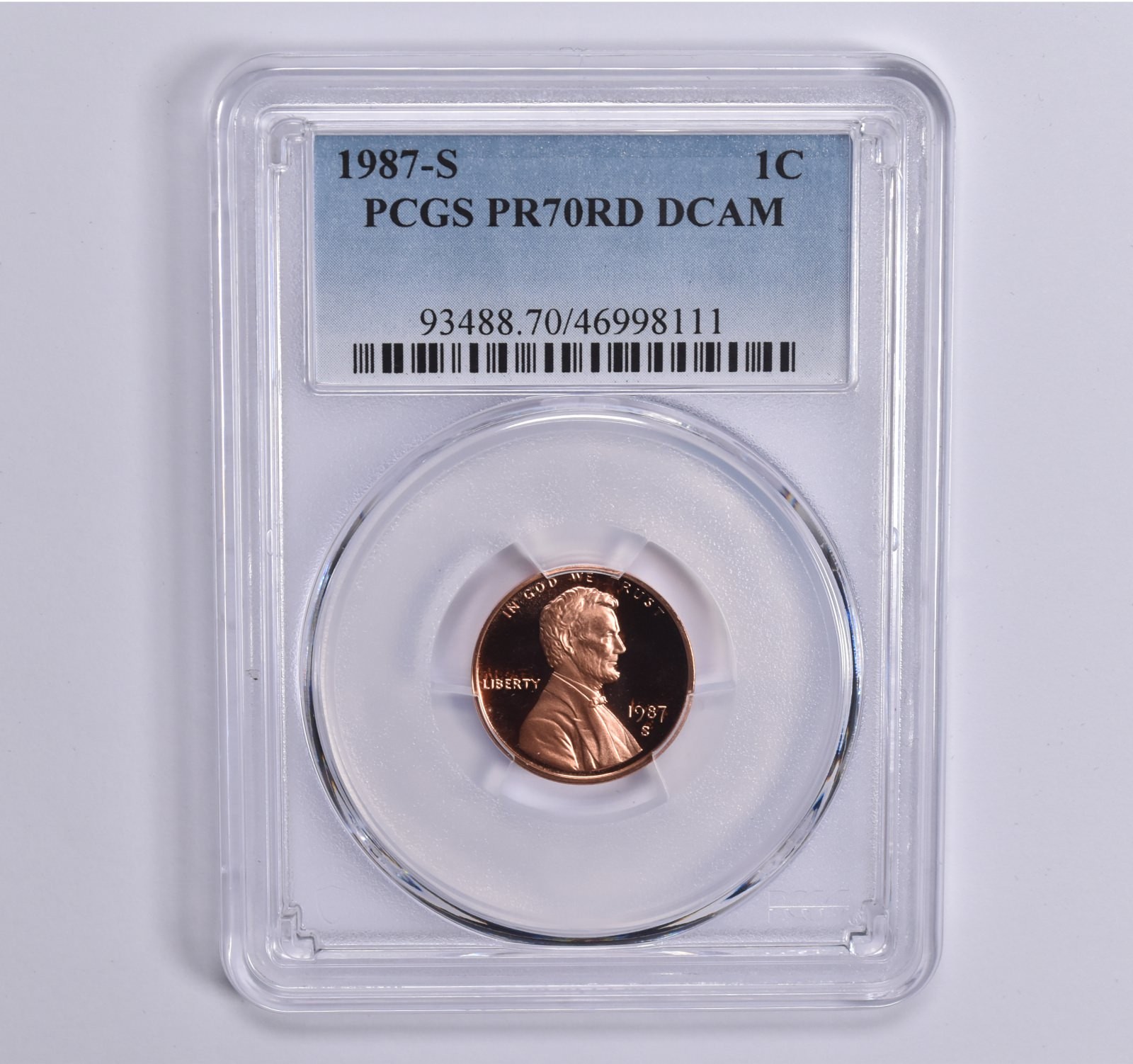 1987-S Lincoln Memorial Cent PR70 RD PCGS Blue Lbl