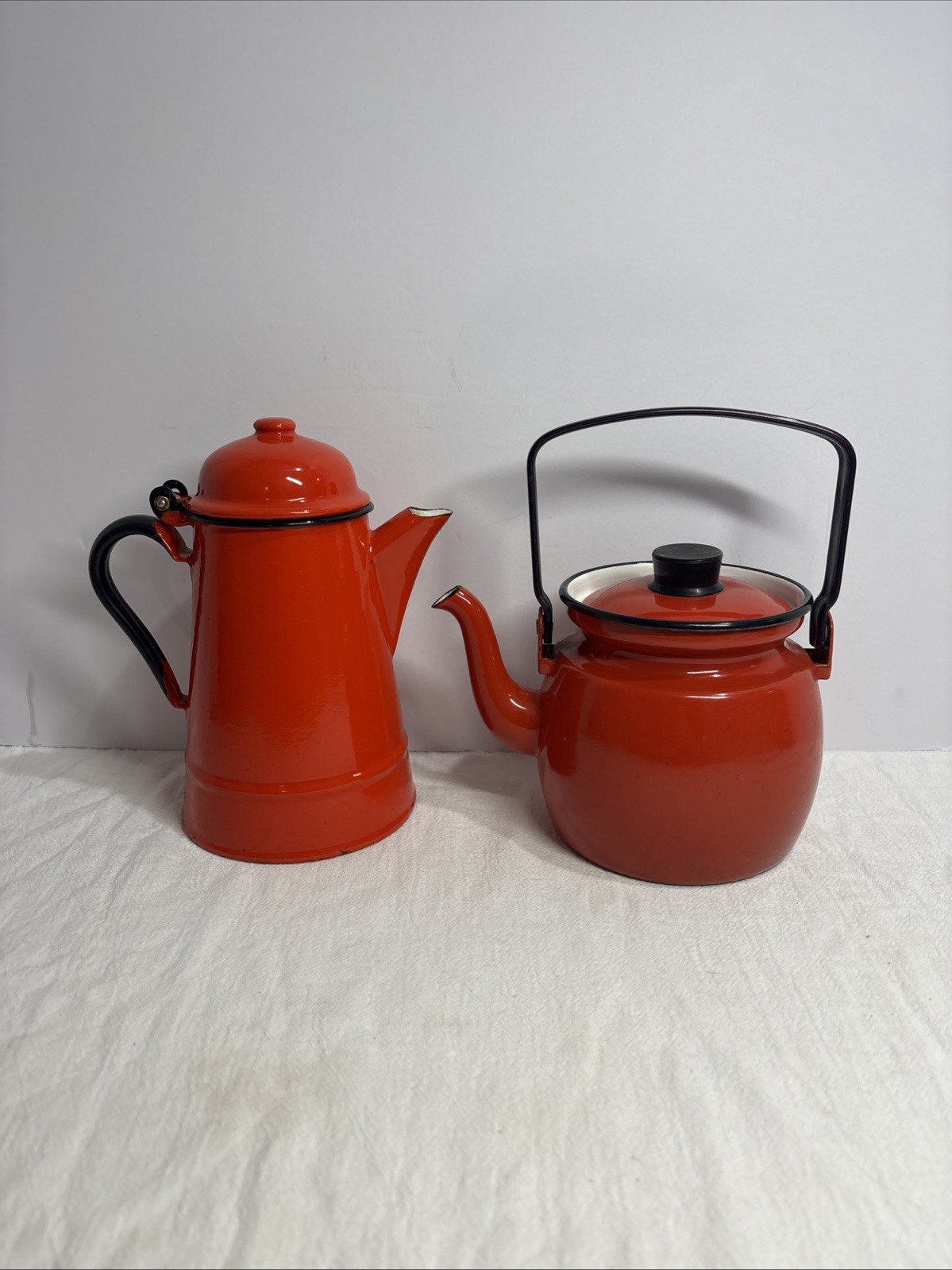 (2) Vintage Red Enamel Coffee/Tea Pots. Poland/Finel Finland